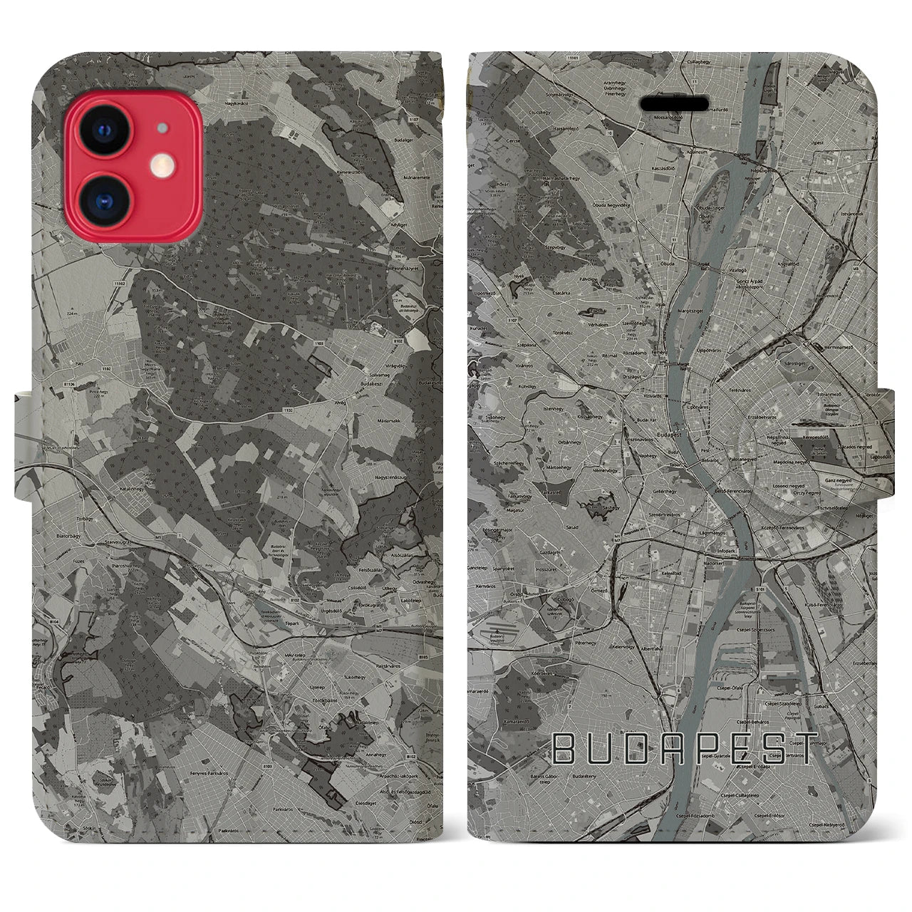 【ブダペスト(ハンガリー)】地図柄iPhoneケース(手帳タイプ)モノトーン・iPhone 11 用