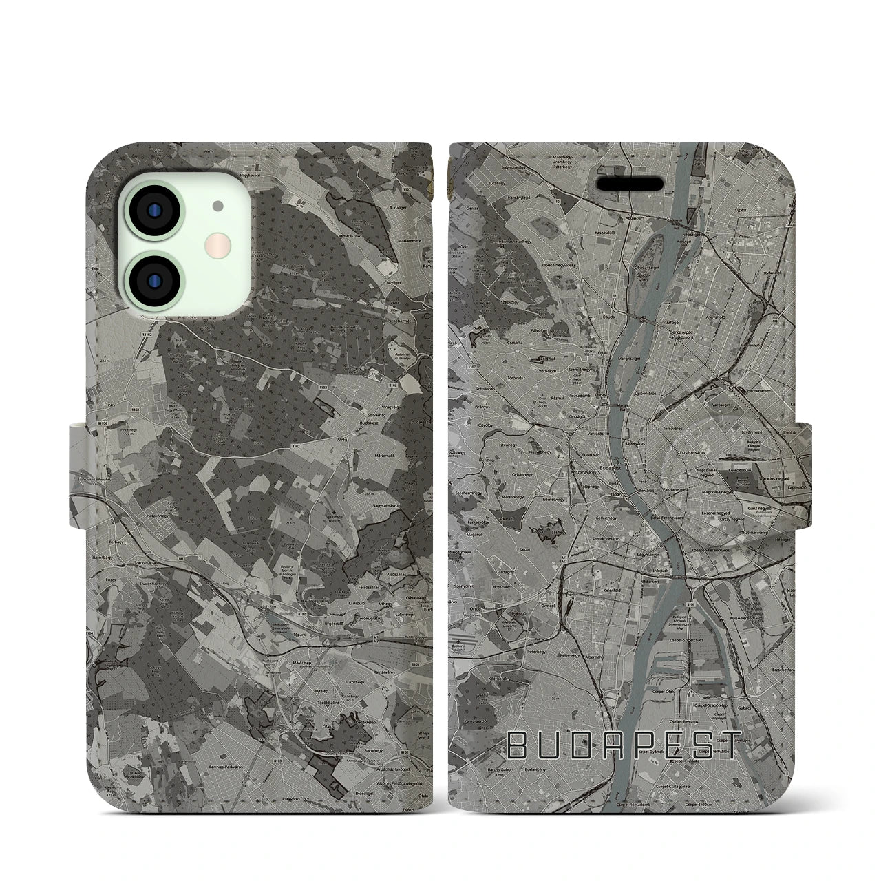 【ブダペスト(ハンガリー)】地図柄iPhoneケース(手帳タイプ)モノトーン・iPhone 12 mini 用
