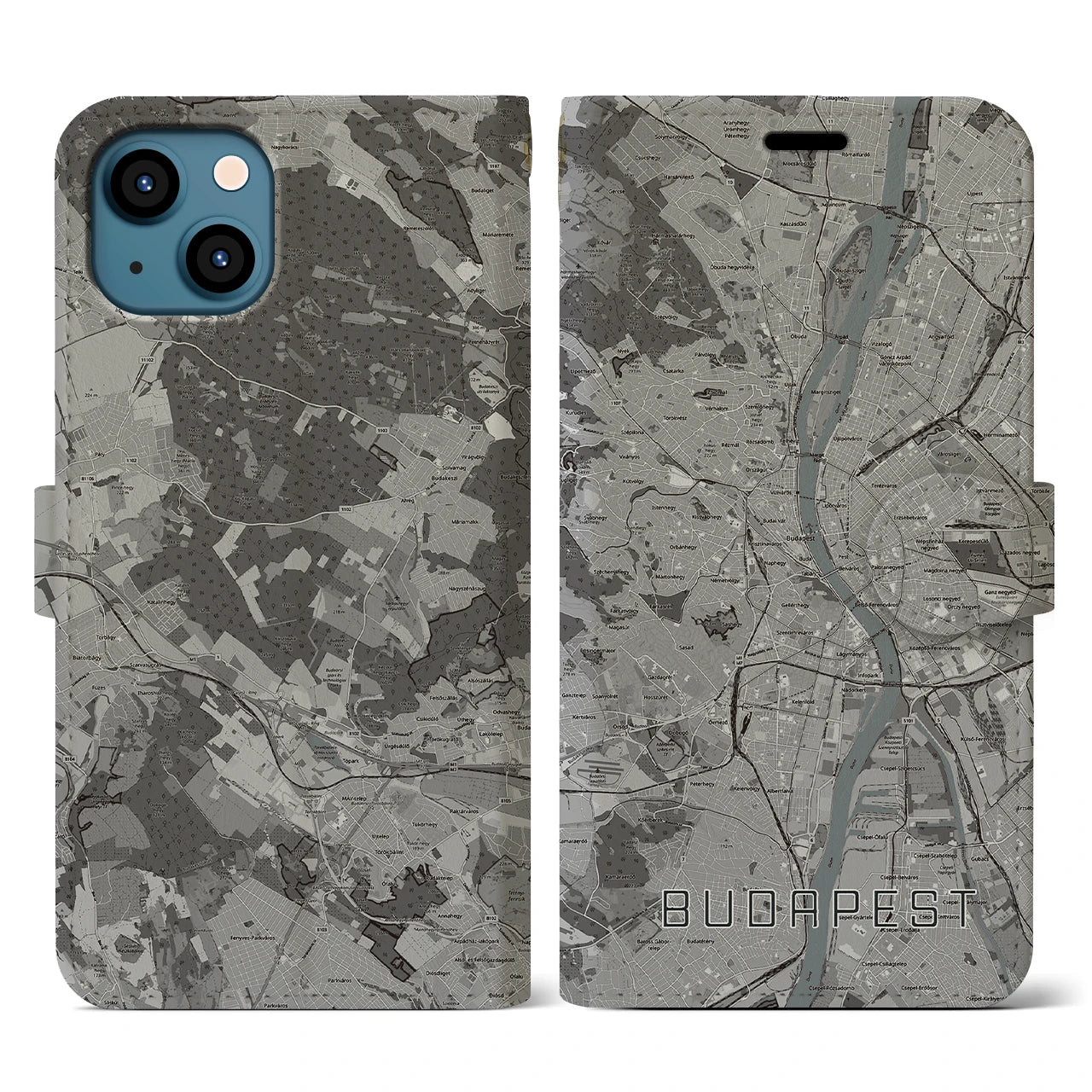 【ブダペスト(ハンガリー)】地図柄iPhoneケース(手帳タイプ)モノトーン・iPhone 13 用