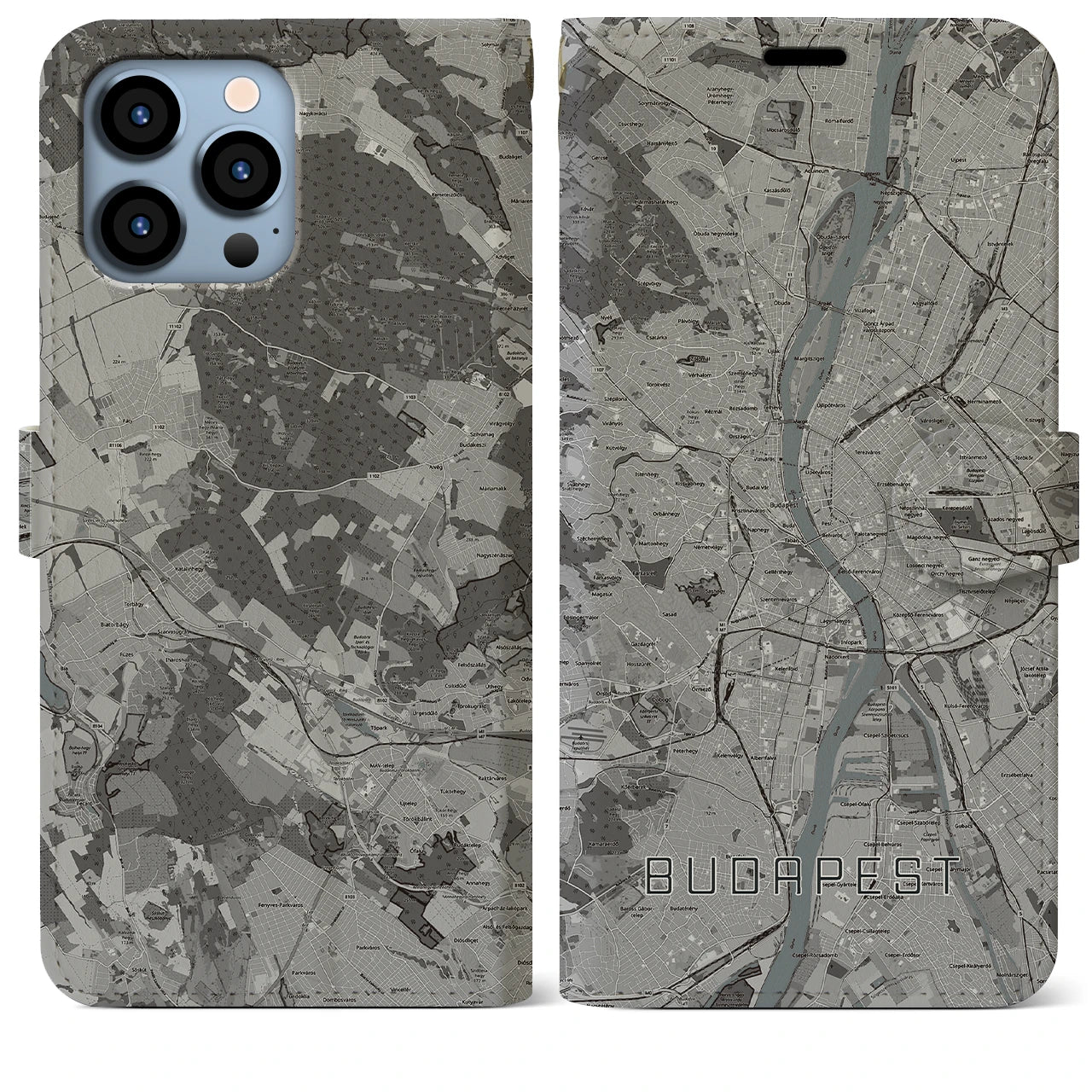 【ブダペスト(ハンガリー)】地図柄iPhoneケース(手帳タイプ)モノトーン・iPhone 13 Pro Max 用