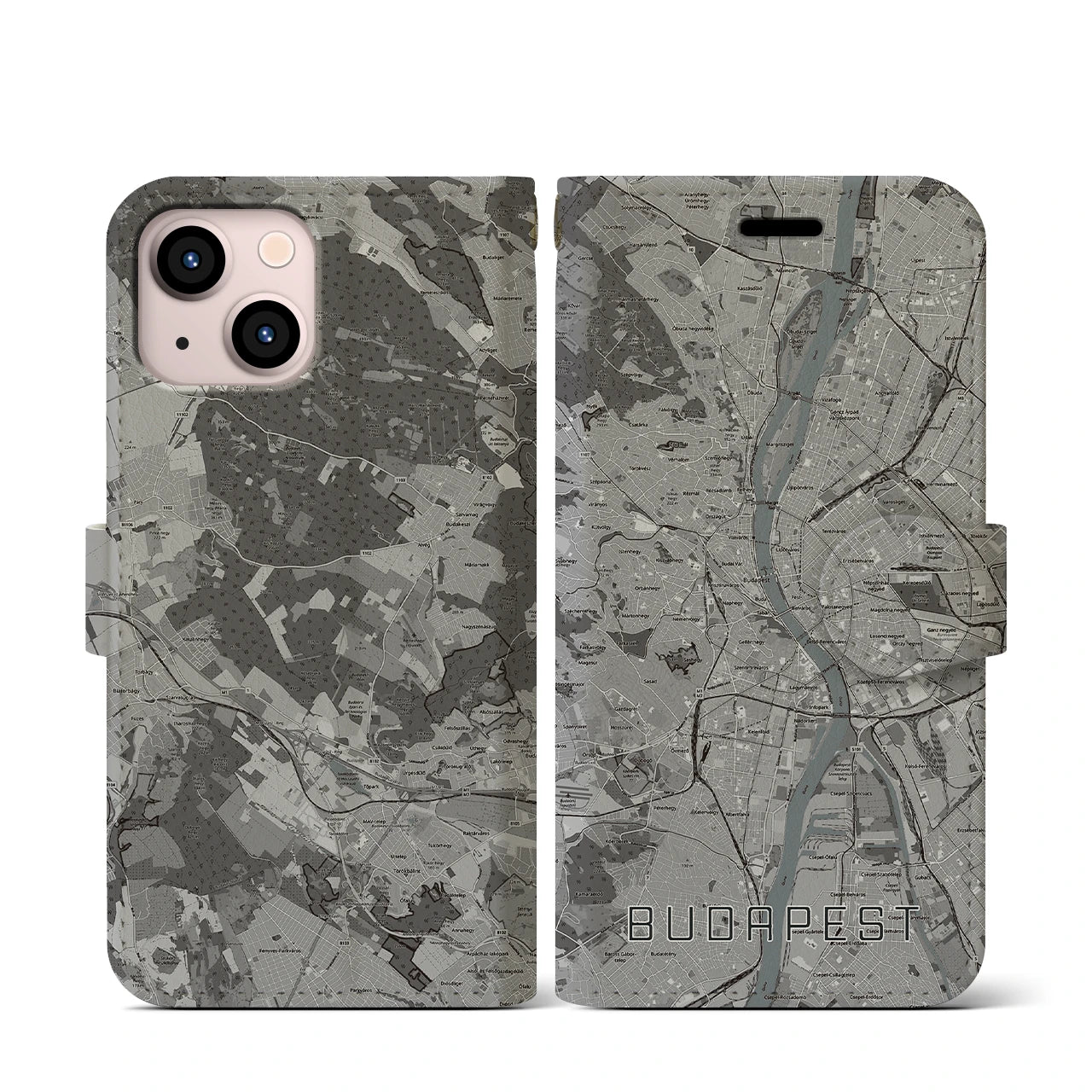 【ブダペスト(ハンガリー)】地図柄iPhoneケース(手帳タイプ)モノトーン・iPhone 13 mini 用