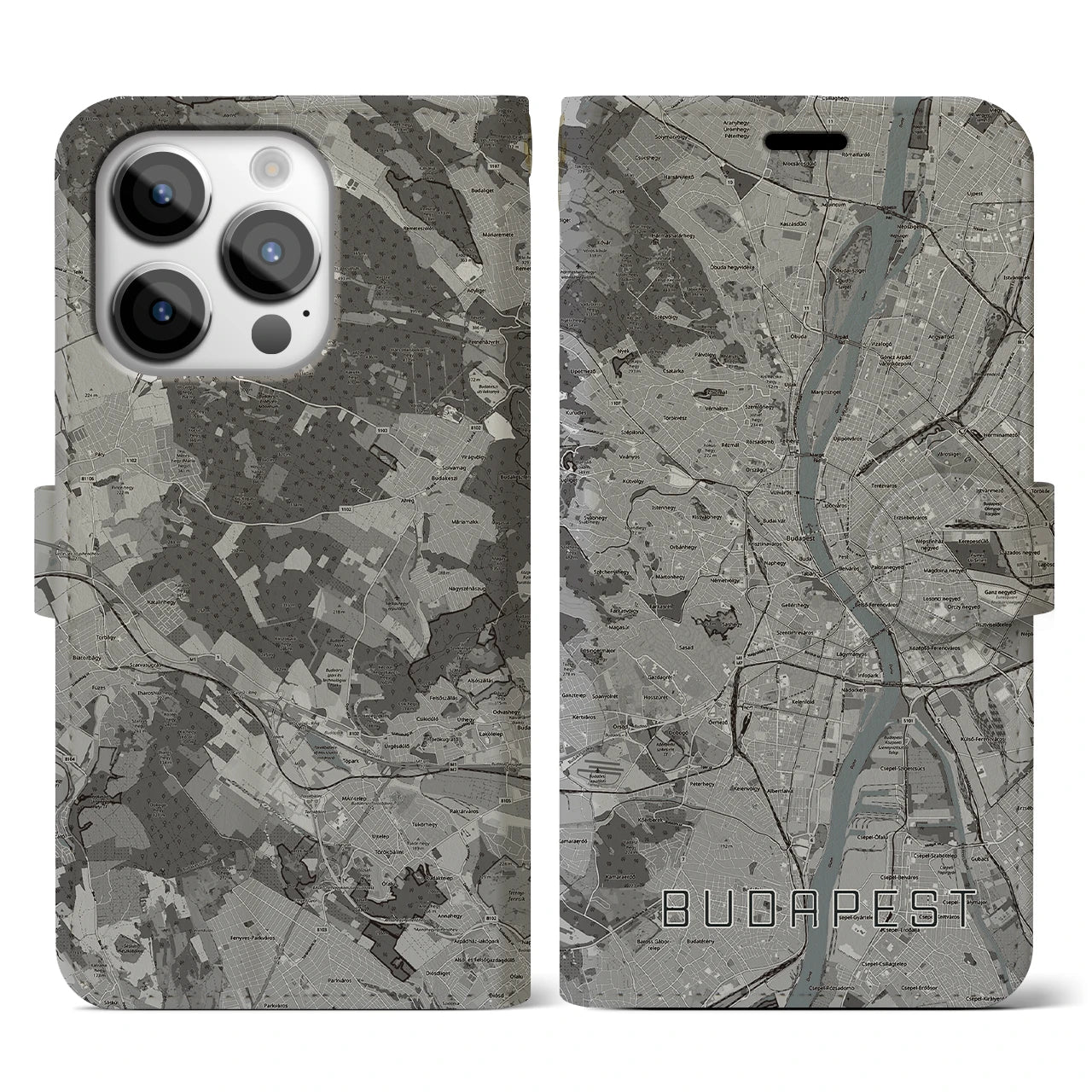 【ブダペスト(ハンガリー)】地図柄iPhoneケース(手帳タイプ)モノトーン・iPhone 14 Pro 用
