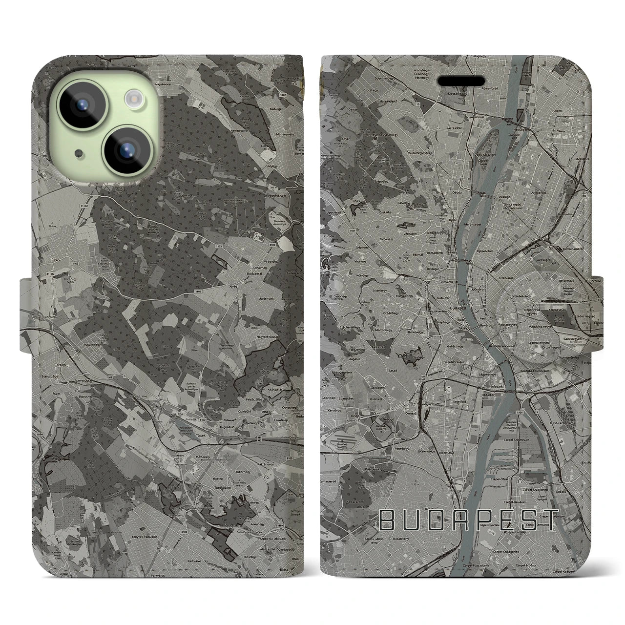 【ブダペスト(ハンガリー)】地図柄iPhoneケース(手帳タイプ)モノトーン・iPhone 15 用