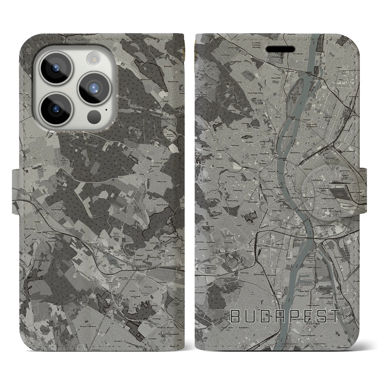 【ブダペスト(ハンガリー)】地図柄iPhoneケース(手帳タイプ)モノトーン・iPhone 15 Pro 用