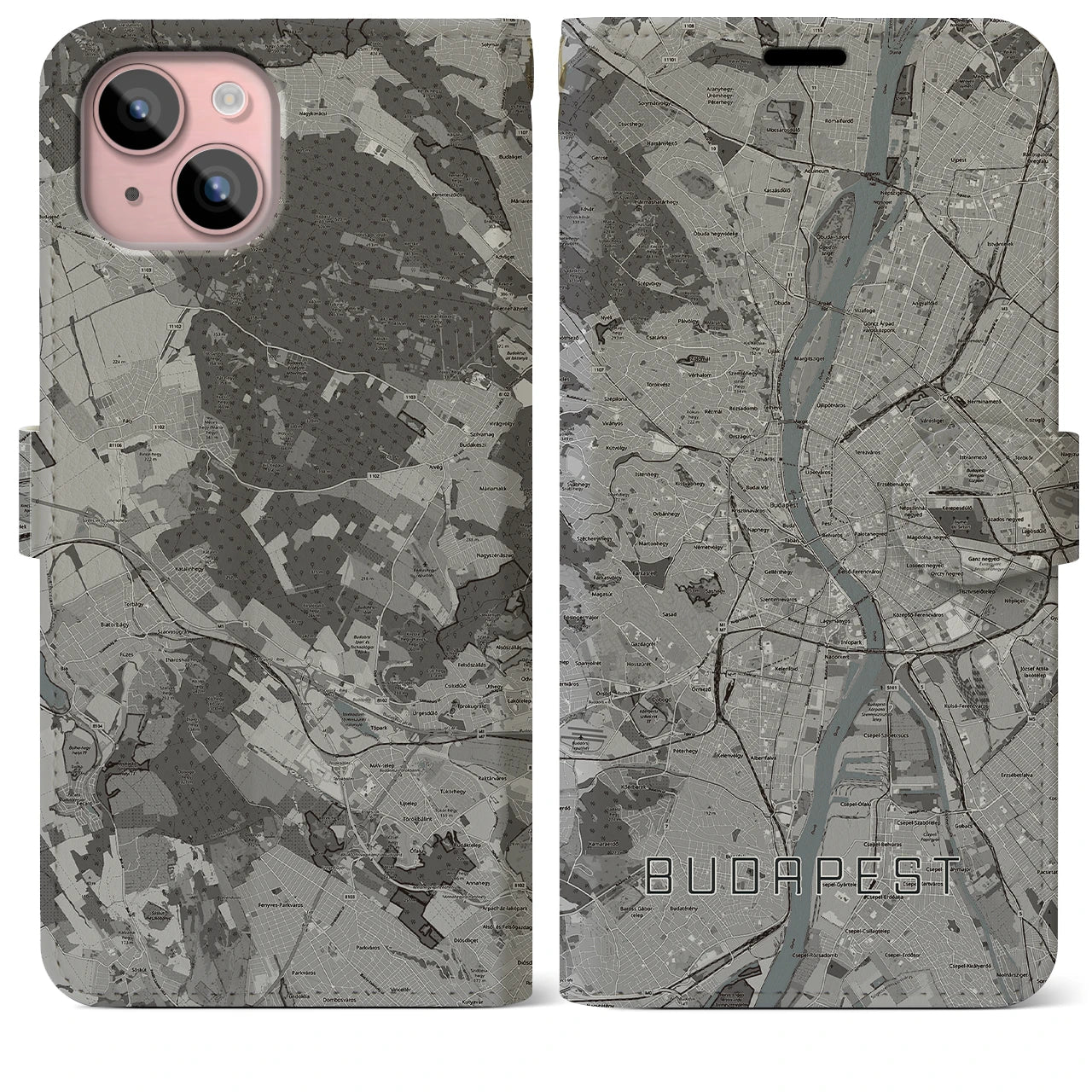 【ブダペスト(ハンガリー)】地図柄iPhoneケース(手帳タイプ)モノトーン・iPhone 15 Plus 用