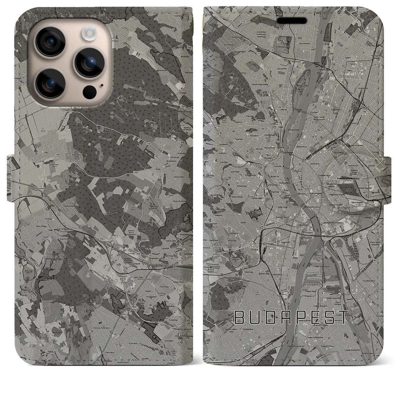 【ブダペスト(ハンガリー)】地図柄iPhoneケース(手帳タイプ)モノトーン・iPhone 16 Plus 用