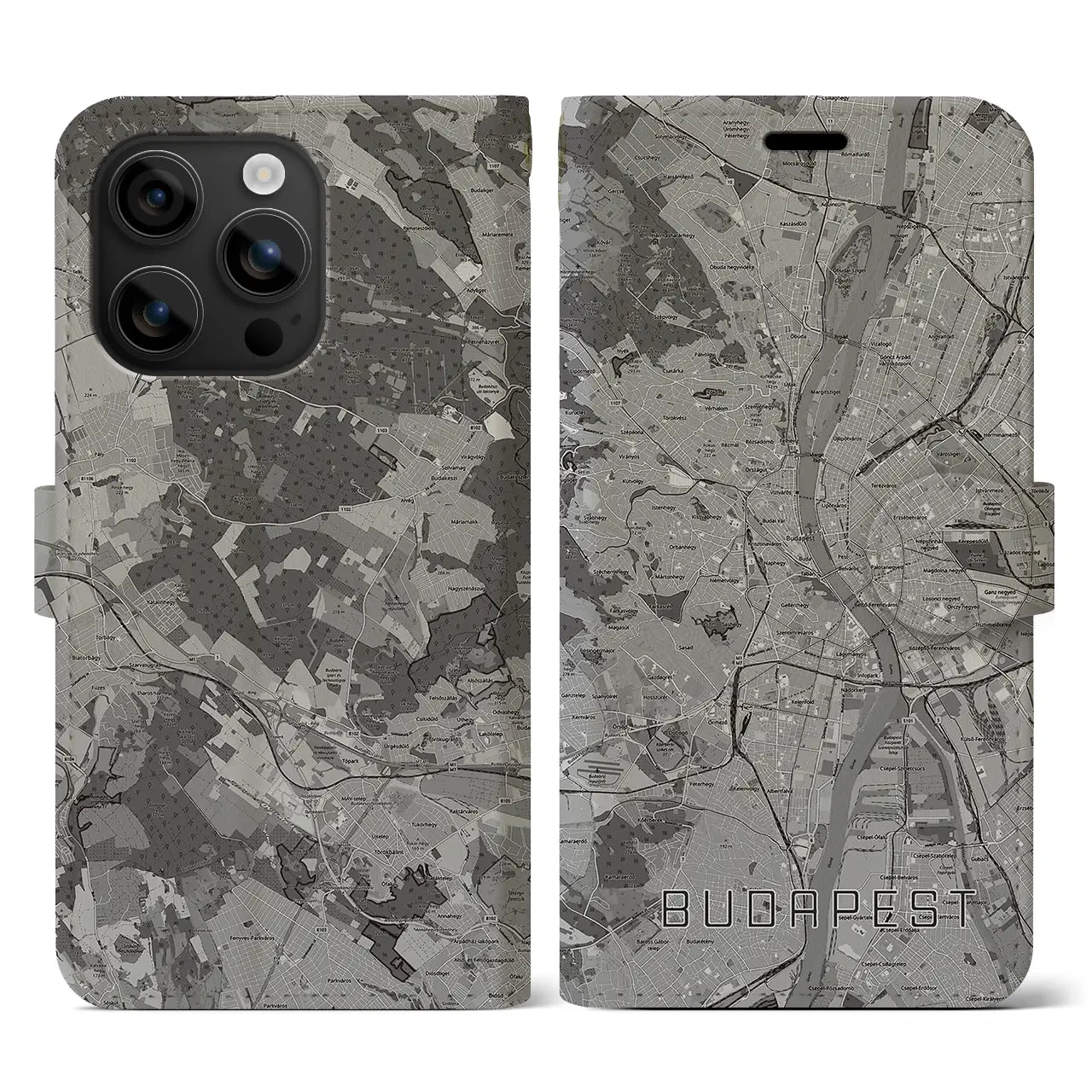 【ブダペスト(ハンガリー)】地図柄iPhoneケース(手帳タイプ)モノトーン・iPhone 16 用