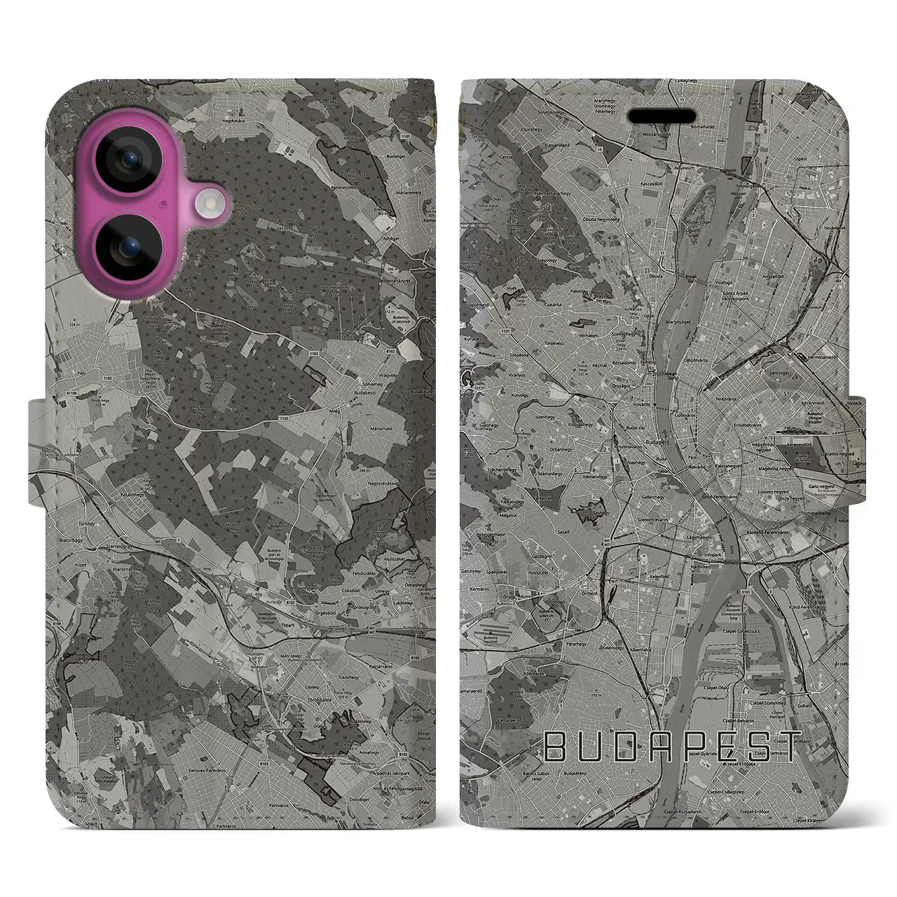 【ブダペスト(ハンガリー)】地図柄iPhoneケース(手帳タイプ)モノトーン・iPhone 16 Pro 用