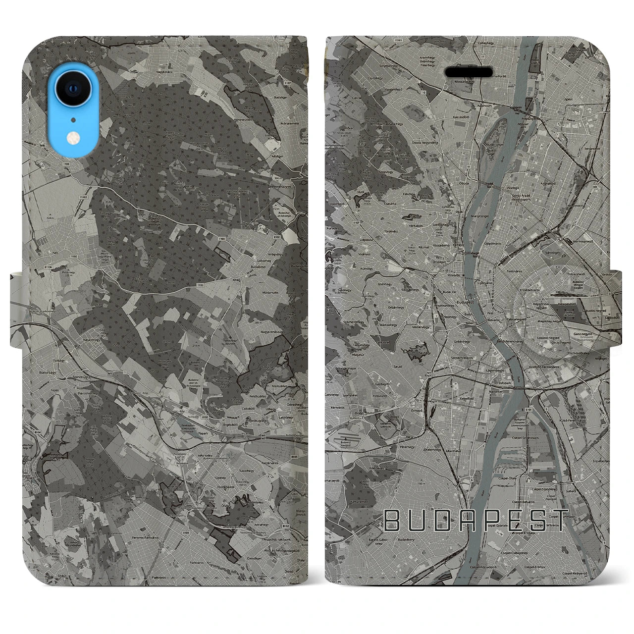 【ブダペスト(ハンガリー)】地図柄iPhoneケース(手帳タイプ)モノトーン・iPhone XR 用
