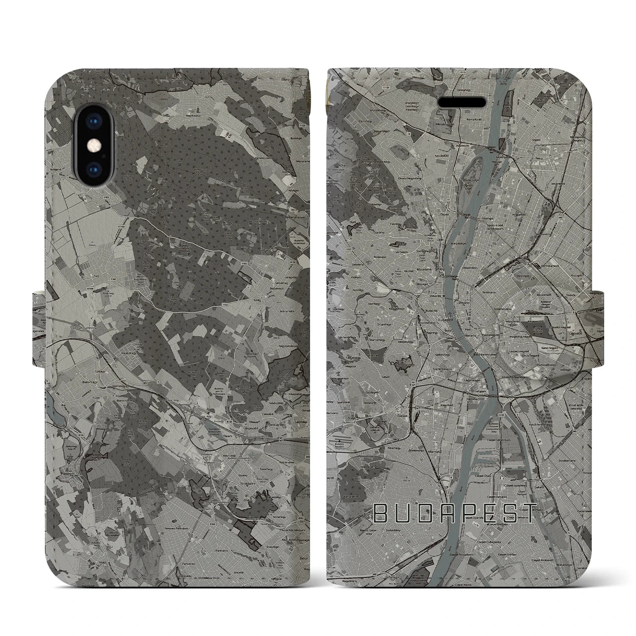 【ブダペスト(ハンガリー)】地図柄iPhoneケース(手帳タイプ)モノトーン・iPhone XS / X 用