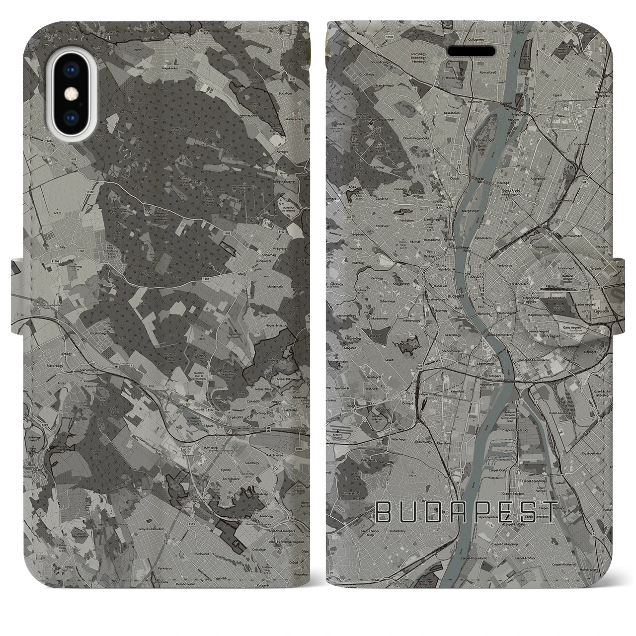 【ブダペスト(ハンガリー)】地図柄iPhoneケース(手帳タイプ)モノトーン・iPhone XS Max 用