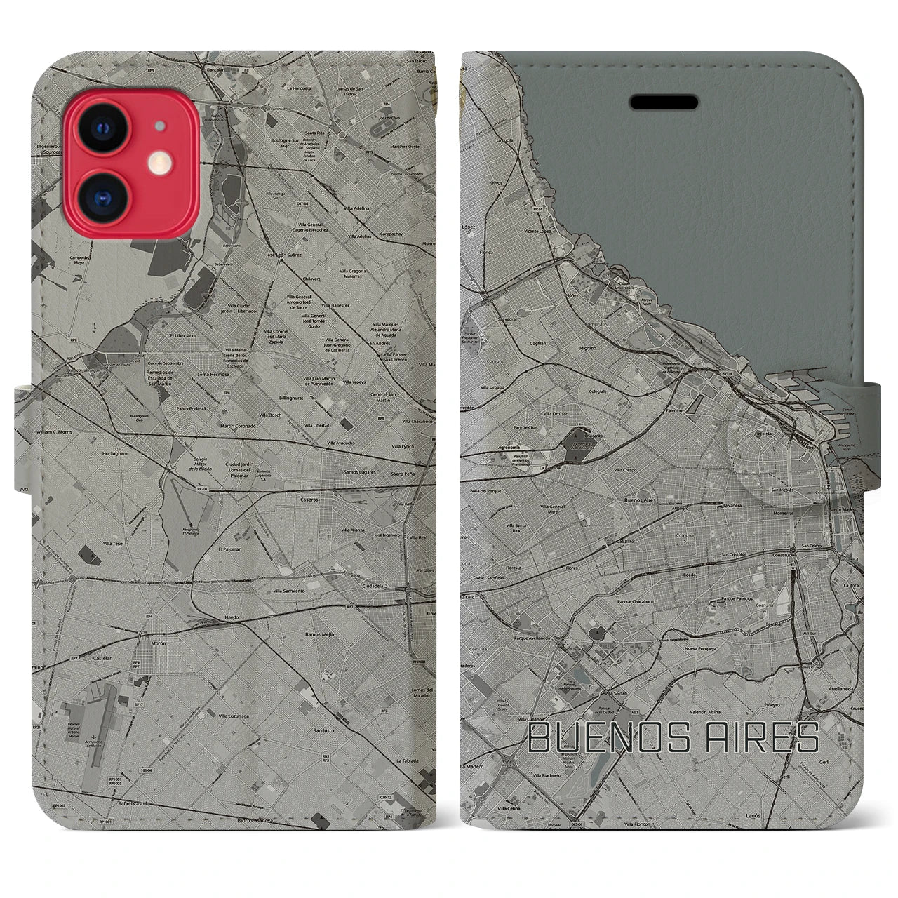【ブエノスアイレス(アルゼンチン)】地図柄iPhoneケース(手帳タイプ)モノトーン・iPhone 11 用