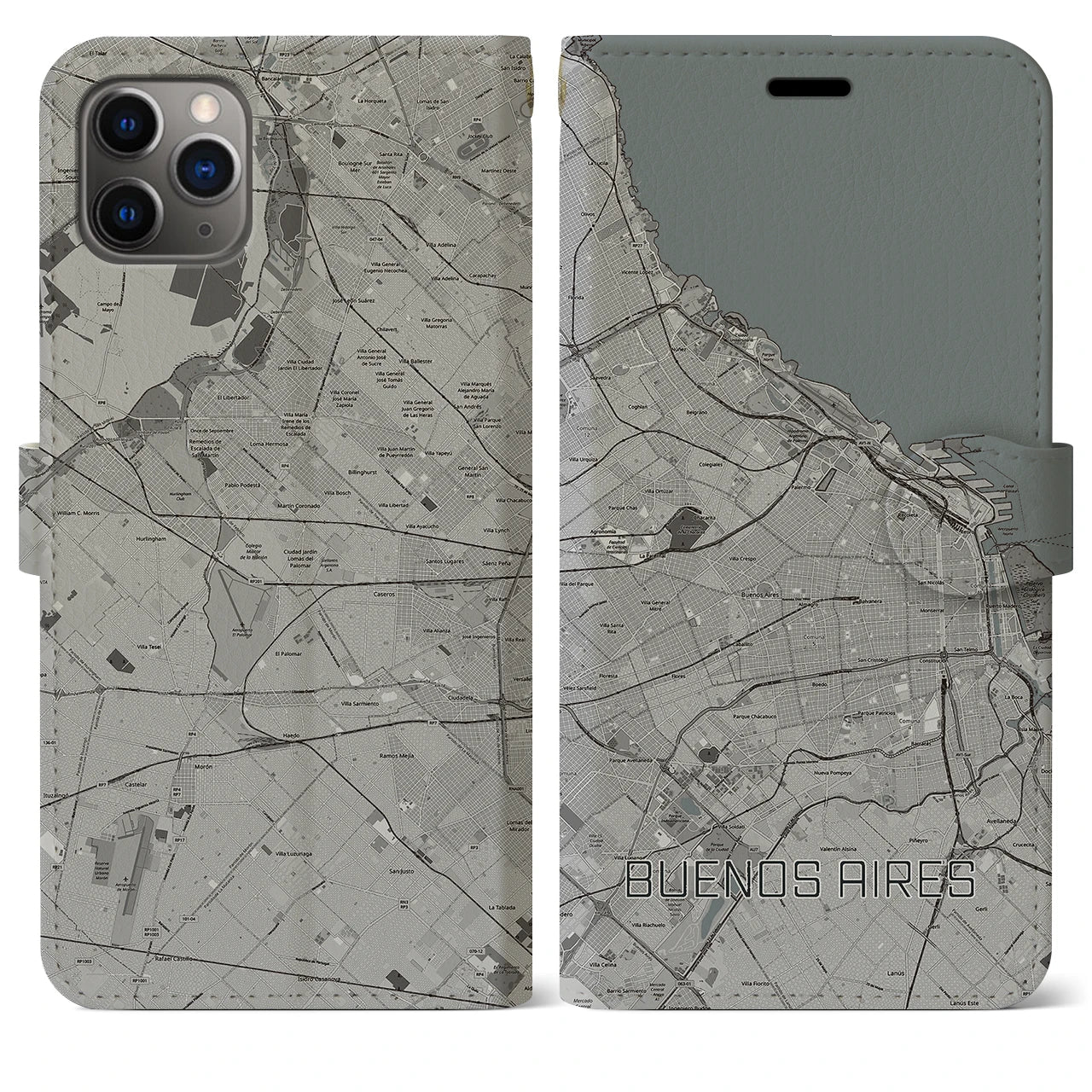 【ブエノスアイレス(アルゼンチン)】地図柄iPhoneケース(手帳タイプ)モノトーン・iPhone 11 Pro Max 用