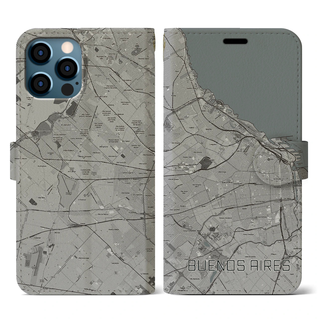 【ブエノスアイレス(アルゼンチン)】地図柄iPhoneケース(手帳タイプ)モノトーン・iPhone 12 / 12 Pro 用