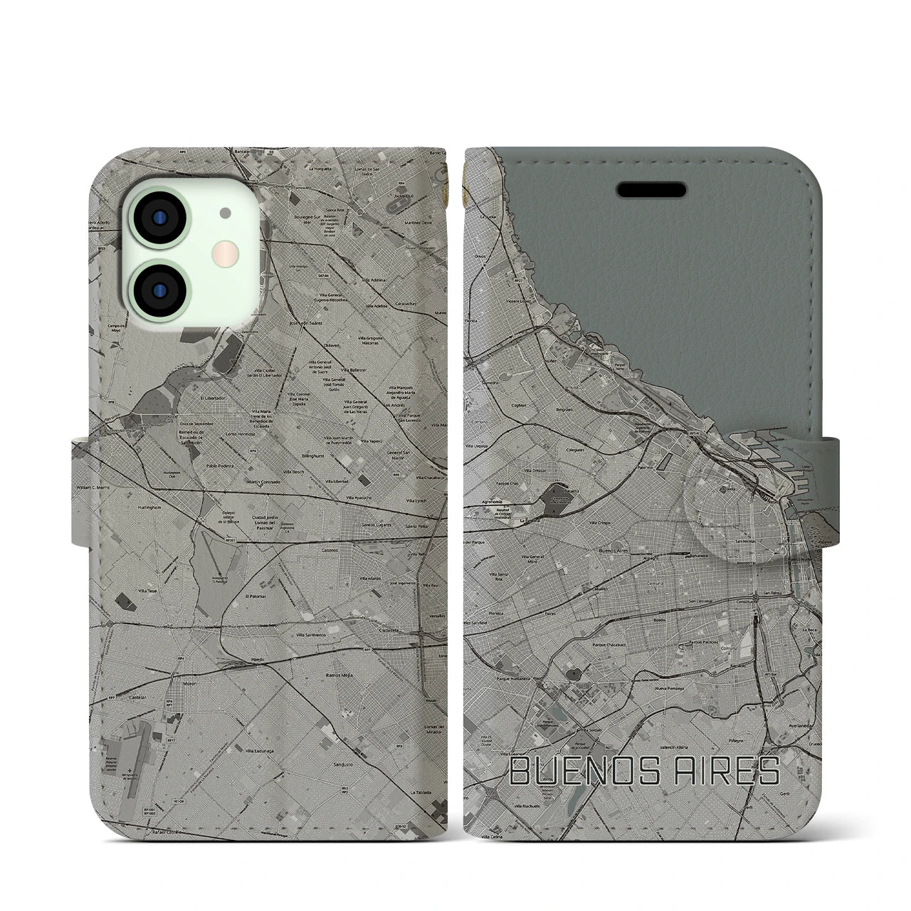 【ブエノスアイレス(アルゼンチン)】地図柄iPhoneケース(手帳タイプ)モノトーン・iPhone 12 mini 用