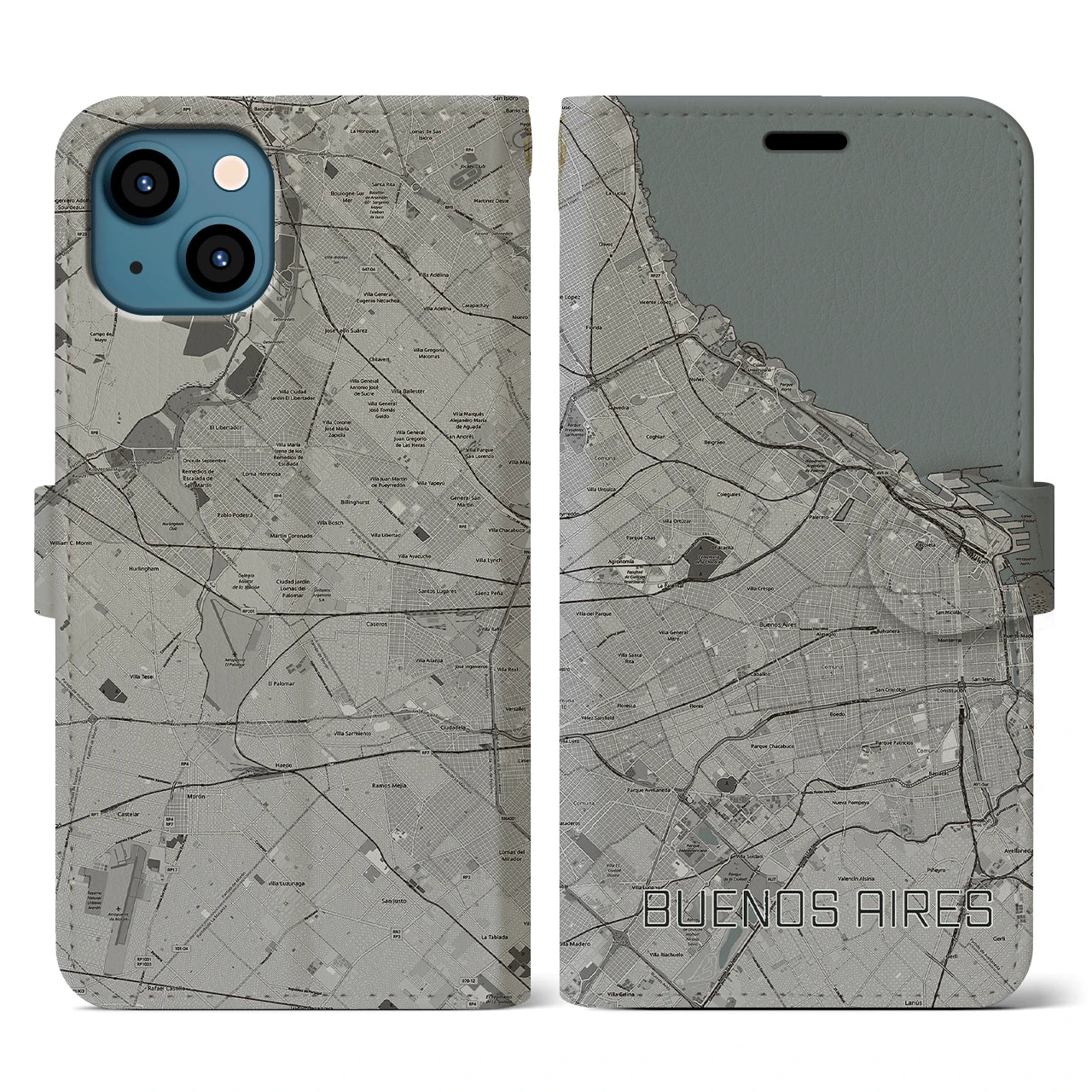 【ブエノスアイレス(アルゼンチン)】地図柄iPhoneケース(手帳タイプ)モノトーン・iPhone 13 用