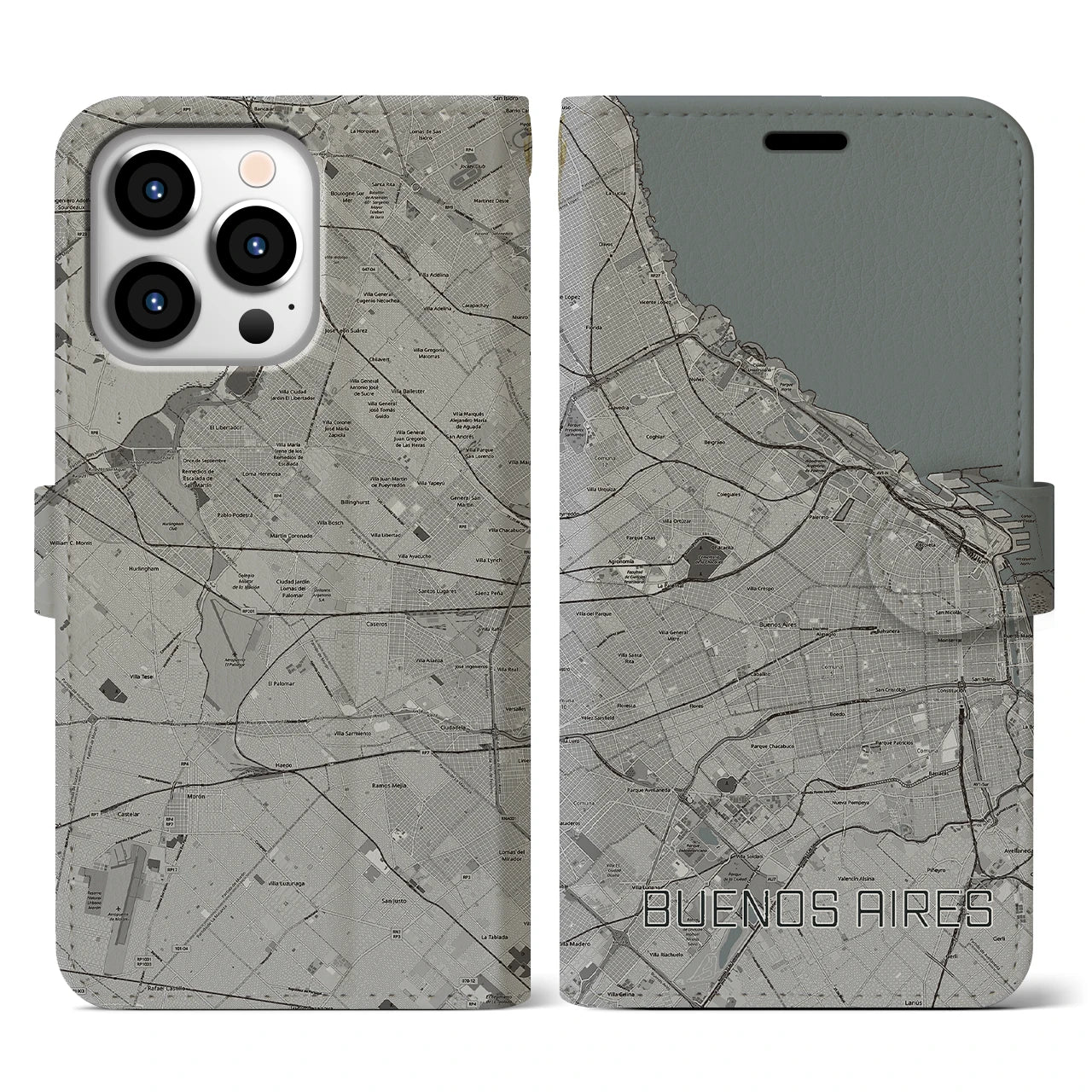 【ブエノスアイレス(アルゼンチン)】地図柄iPhoneケース(手帳タイプ)モノトーン・iPhone 13 Pro 用