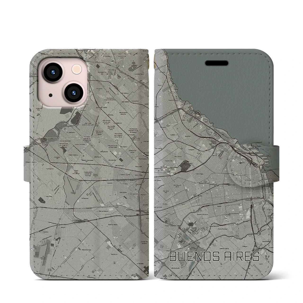 【ブエノスアイレス(アルゼンチン)】地図柄iPhoneケース(手帳タイプ)モノトーン・iPhone 13 mini 用