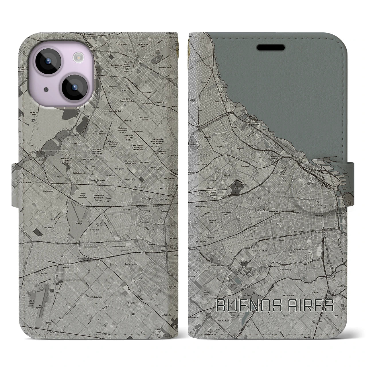 【ブエノスアイレス(アルゼンチン)】地図柄iPhoneケース(手帳タイプ)モノトーン・iPhone 14 用