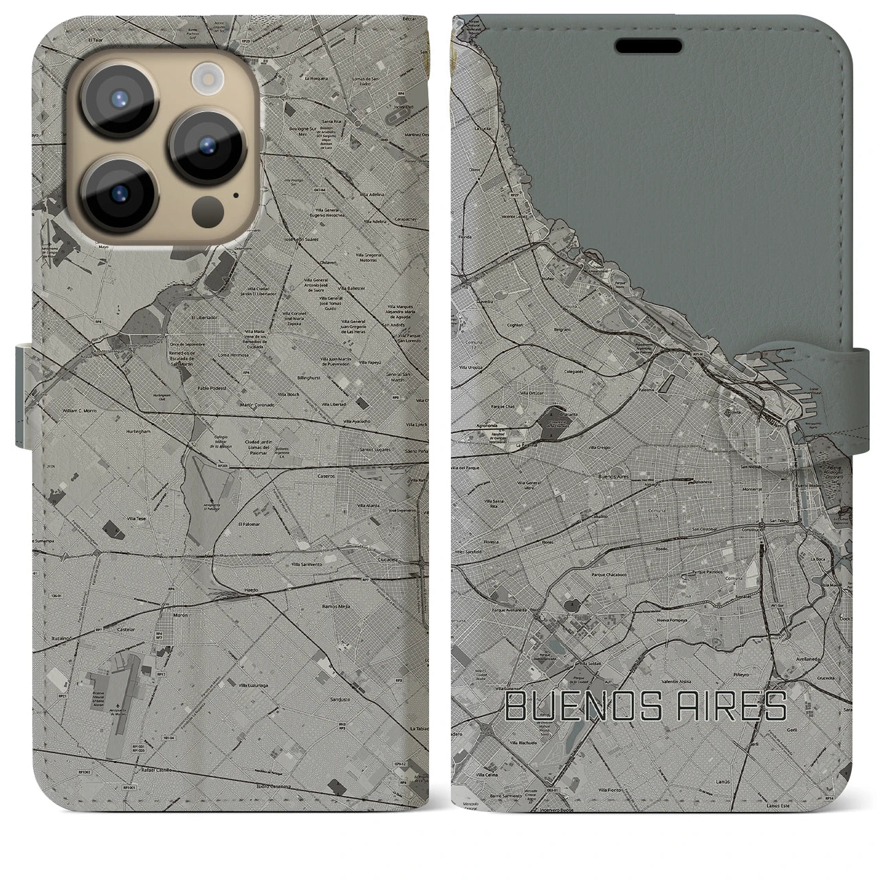 【ブエノスアイレス(アルゼンチン)】地図柄iPhoneケース(手帳タイプ)モノトーン・iPhone 14 Pro Max 用