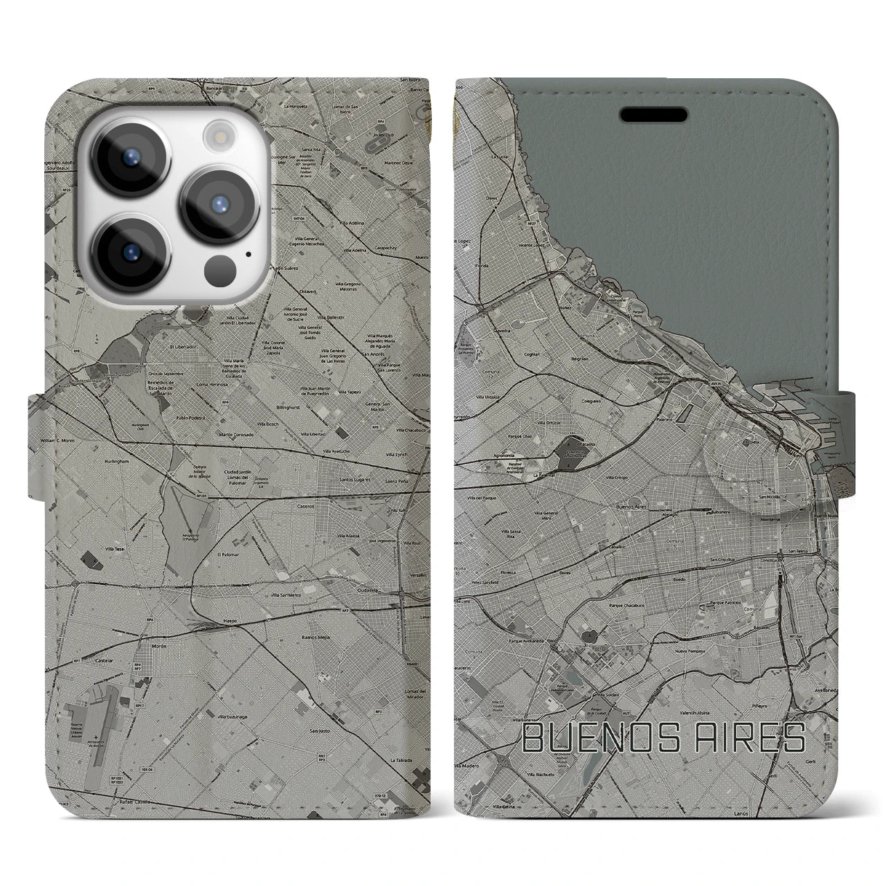 【ブエノスアイレス(アルゼンチン)】地図柄iPhoneケース(手帳タイプ)モノトーン・iPhone 14 Pro 用