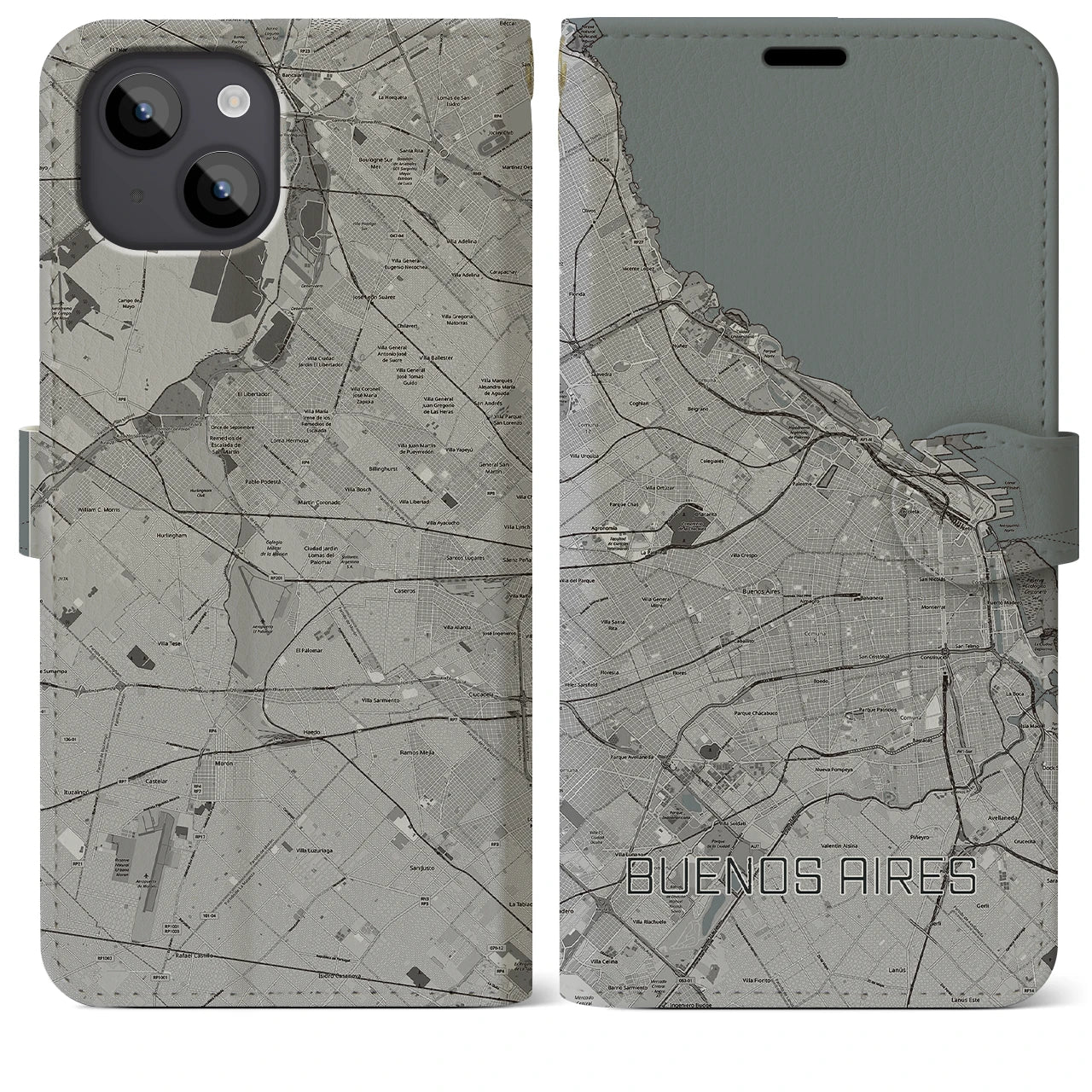 【ブエノスアイレス(アルゼンチン)】地図柄iPhoneケース(手帳タイプ)モノトーン・iPhone 14 Plus 用