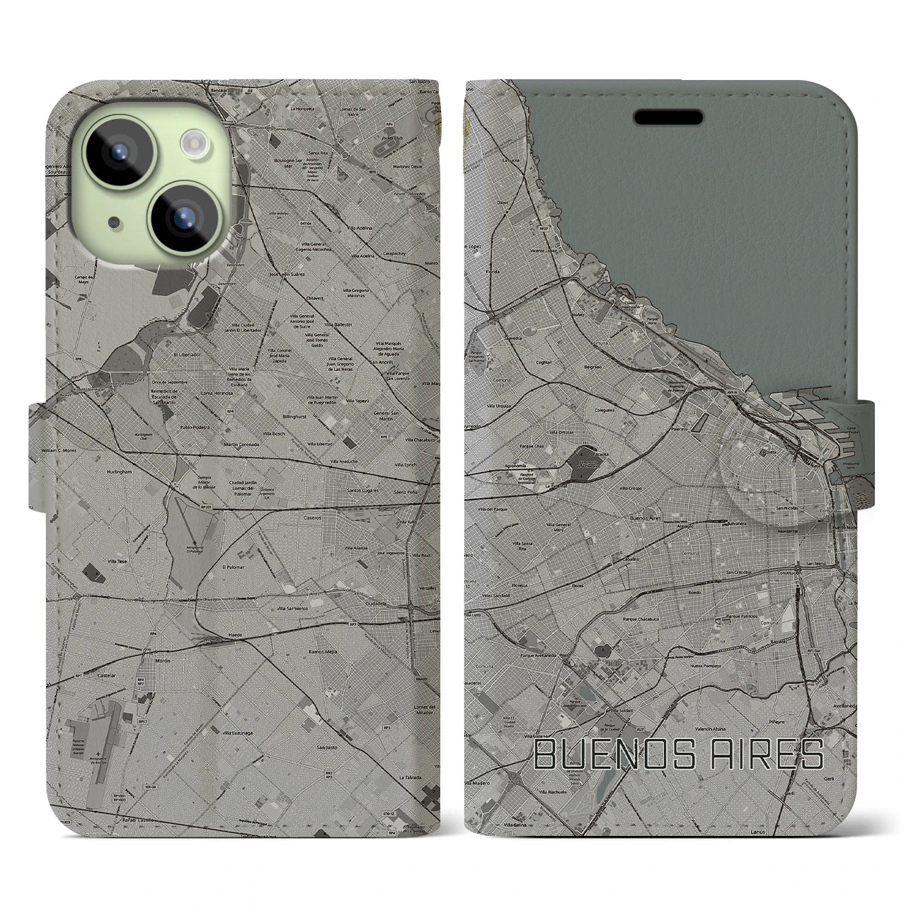 【ブエノスアイレス(アルゼンチン)】地図柄iPhoneケース(手帳タイプ)モノトーン・iPhone 15 用