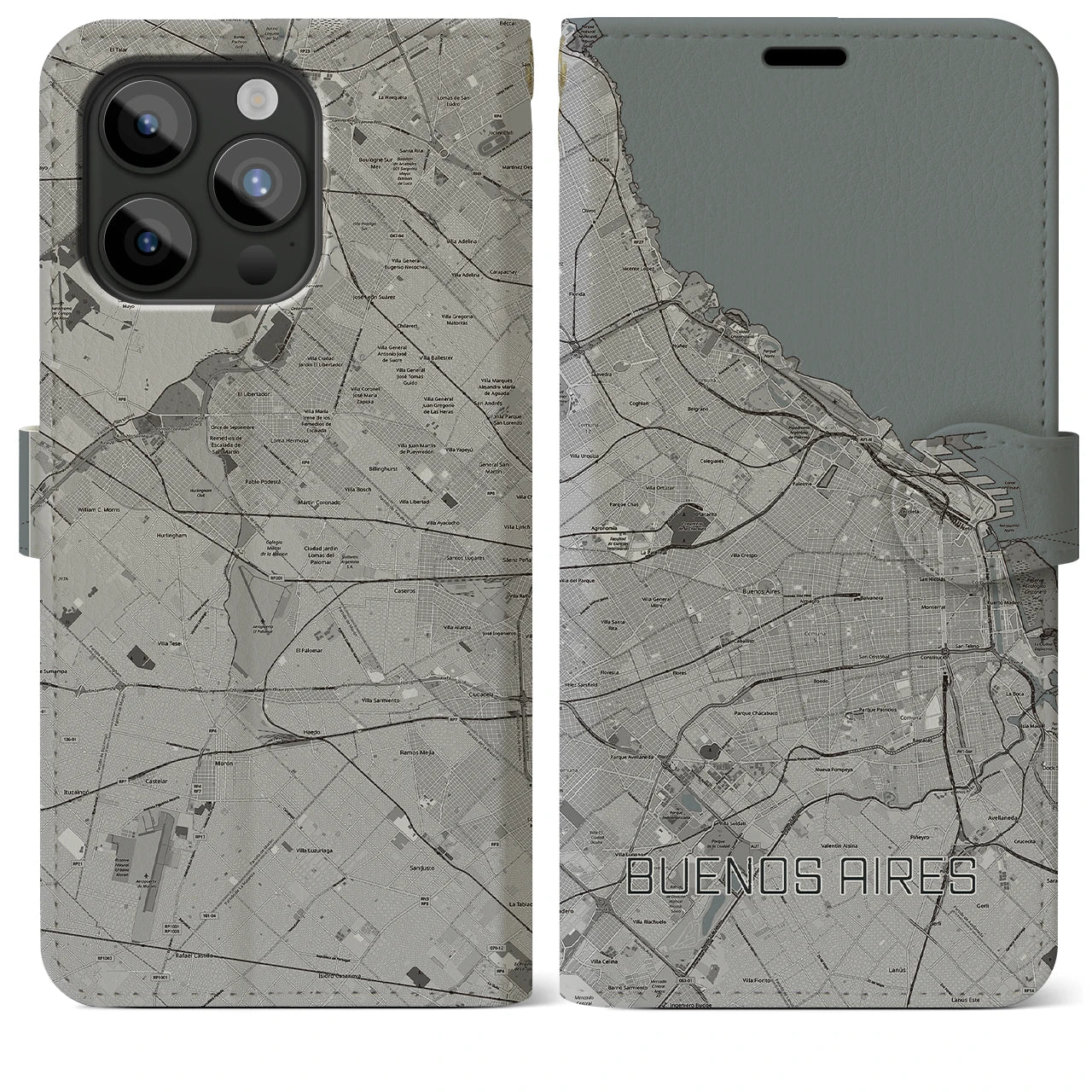 【ブエノスアイレス(アルゼンチン)】地図柄iPhoneケース(手帳タイプ)モノトーン・iPhone 15 Pro Max 用