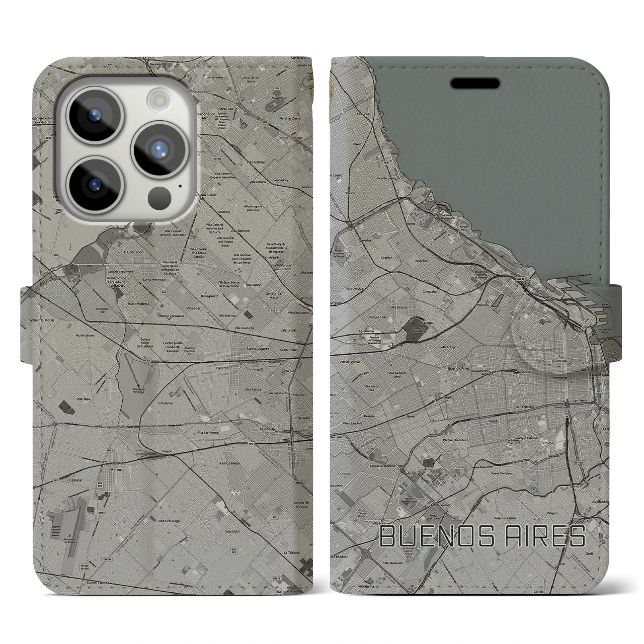 【ブエノスアイレス(アルゼンチン)】地図柄iPhoneケース(手帳タイプ)モノトーン・iPhone 15 Pro 用