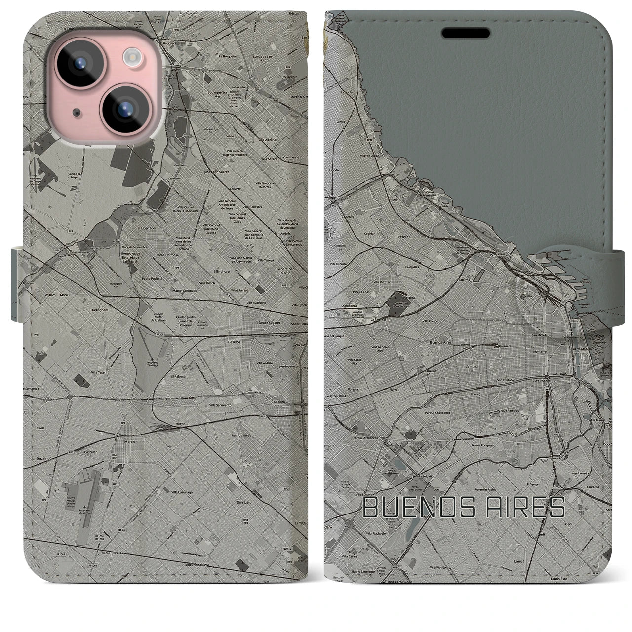 【ブエノスアイレス(アルゼンチン)】地図柄iPhoneケース(手帳タイプ)モノトーン・iPhone 15 Plus 用