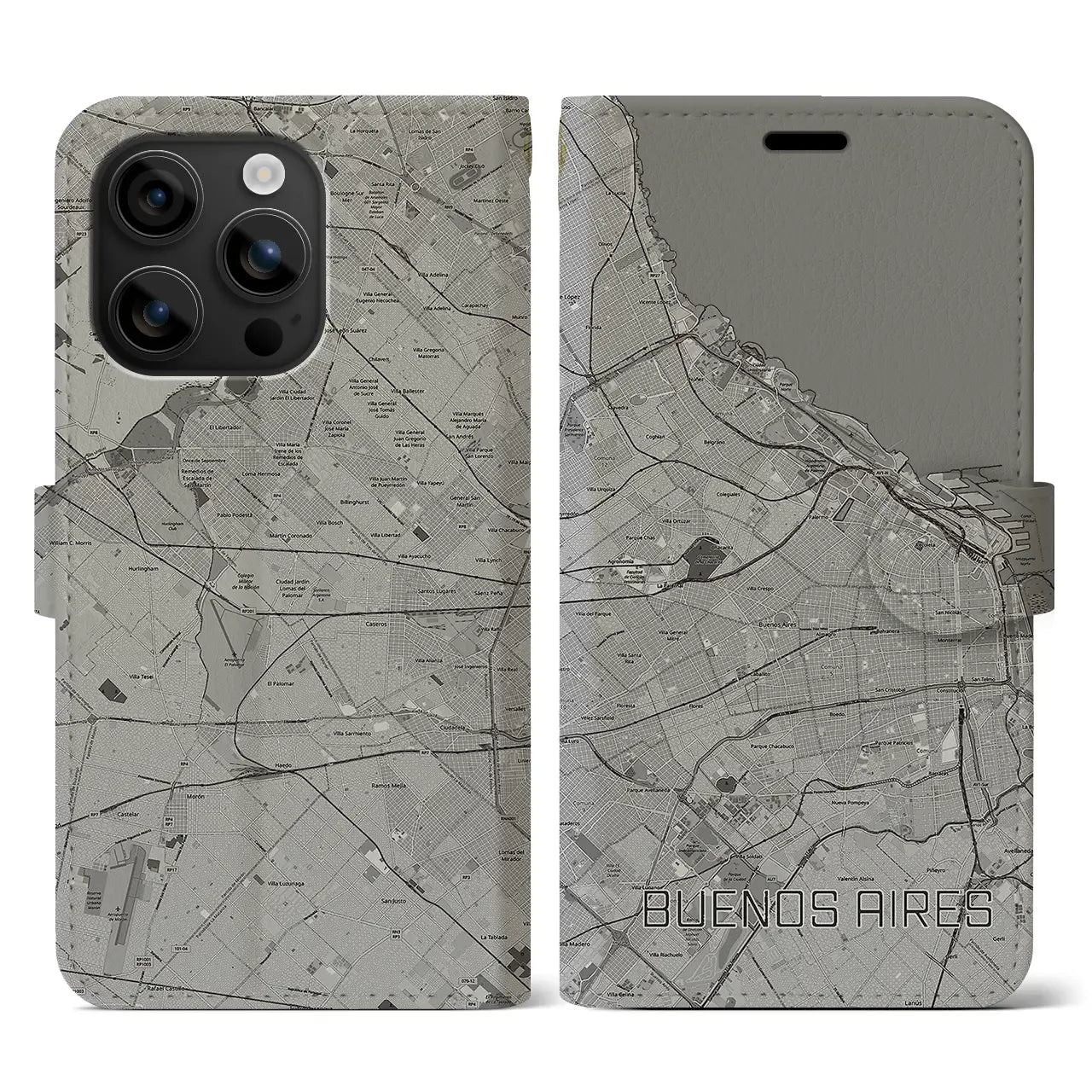 【ブエノスアイレス(アルゼンチン)】地図柄iPhoneケース(手帳タイプ)モノトーン・iPhone 16 用