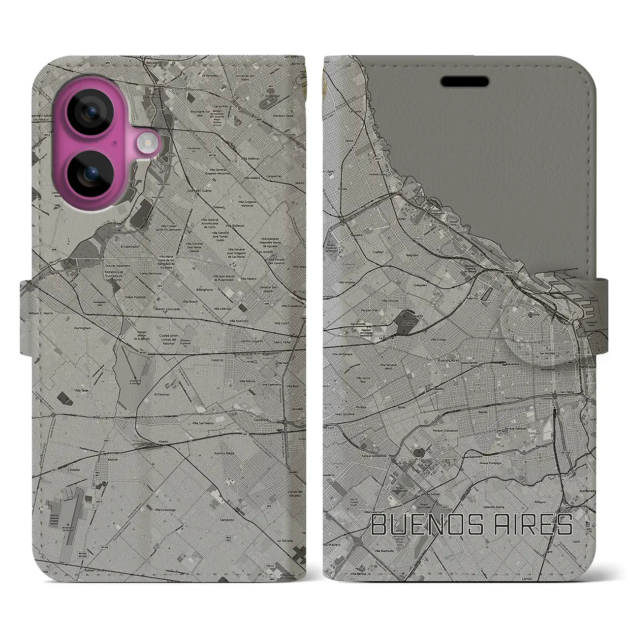 【ブエノスアイレス(アルゼンチン)】地図柄iPhoneケース(手帳タイプ)モノトーン・iPhone 16 Pro 用