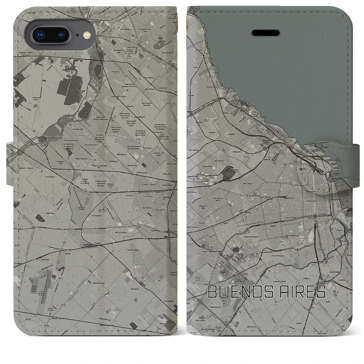 【ブエノスアイレス(アルゼンチン)】地図柄iPhoneケース(手帳タイプ)モノトーン・iPhone 8Plus /7Plus / 6sPlus / 6Plus 用