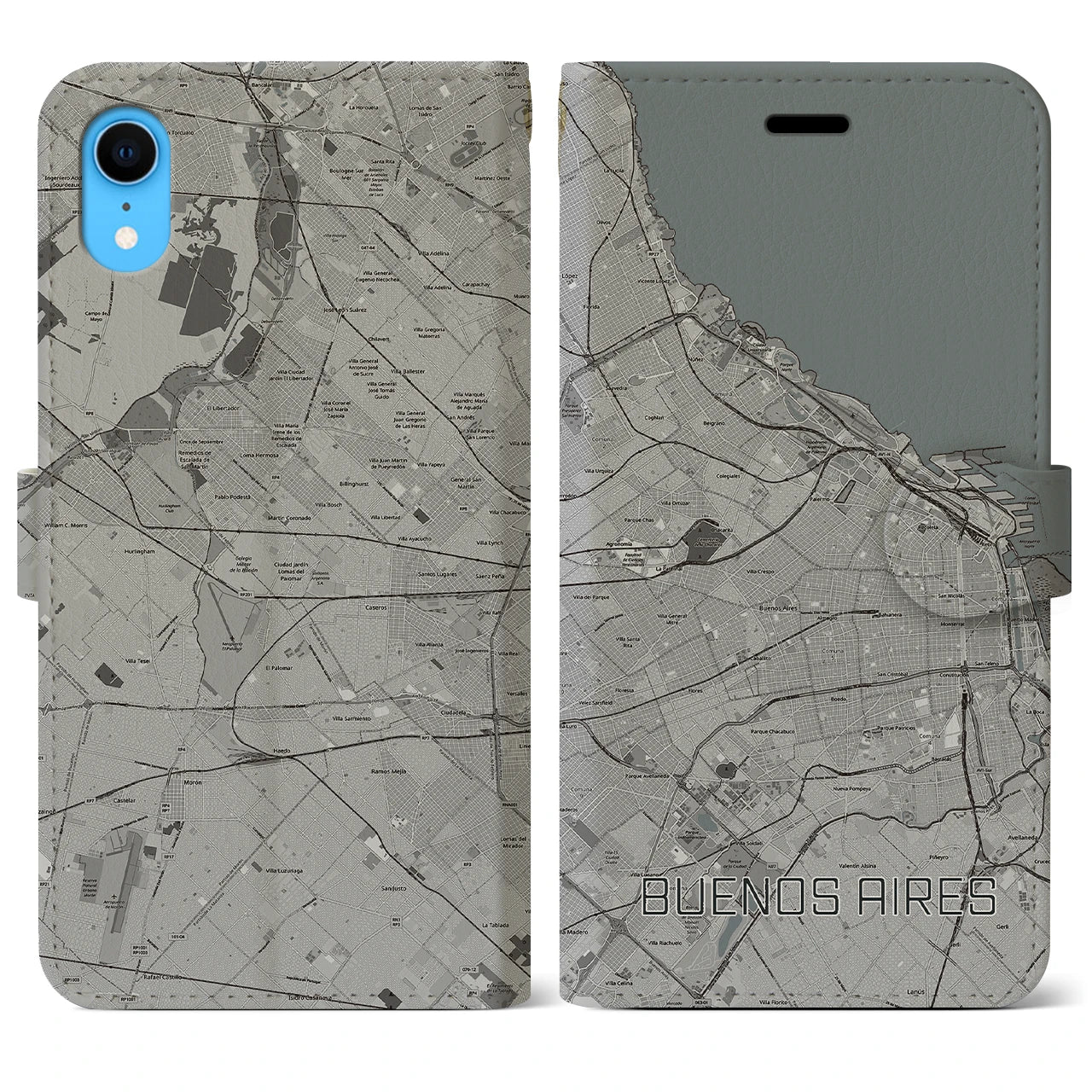 【ブエノスアイレス(アルゼンチン)】地図柄iPhoneケース(手帳タイプ)モノトーン・iPhone XR 用