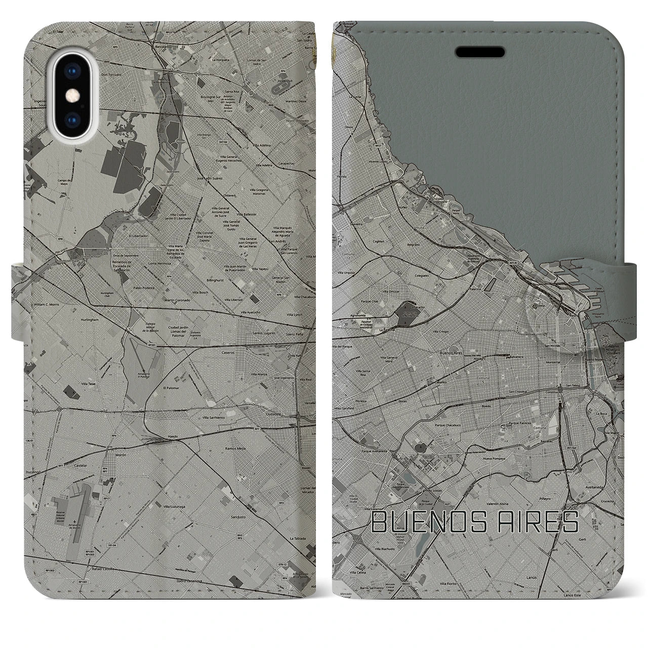 【ブエノスアイレス(アルゼンチン)】地図柄iPhoneケース(手帳タイプ)モノトーン・iPhone XS Max 用