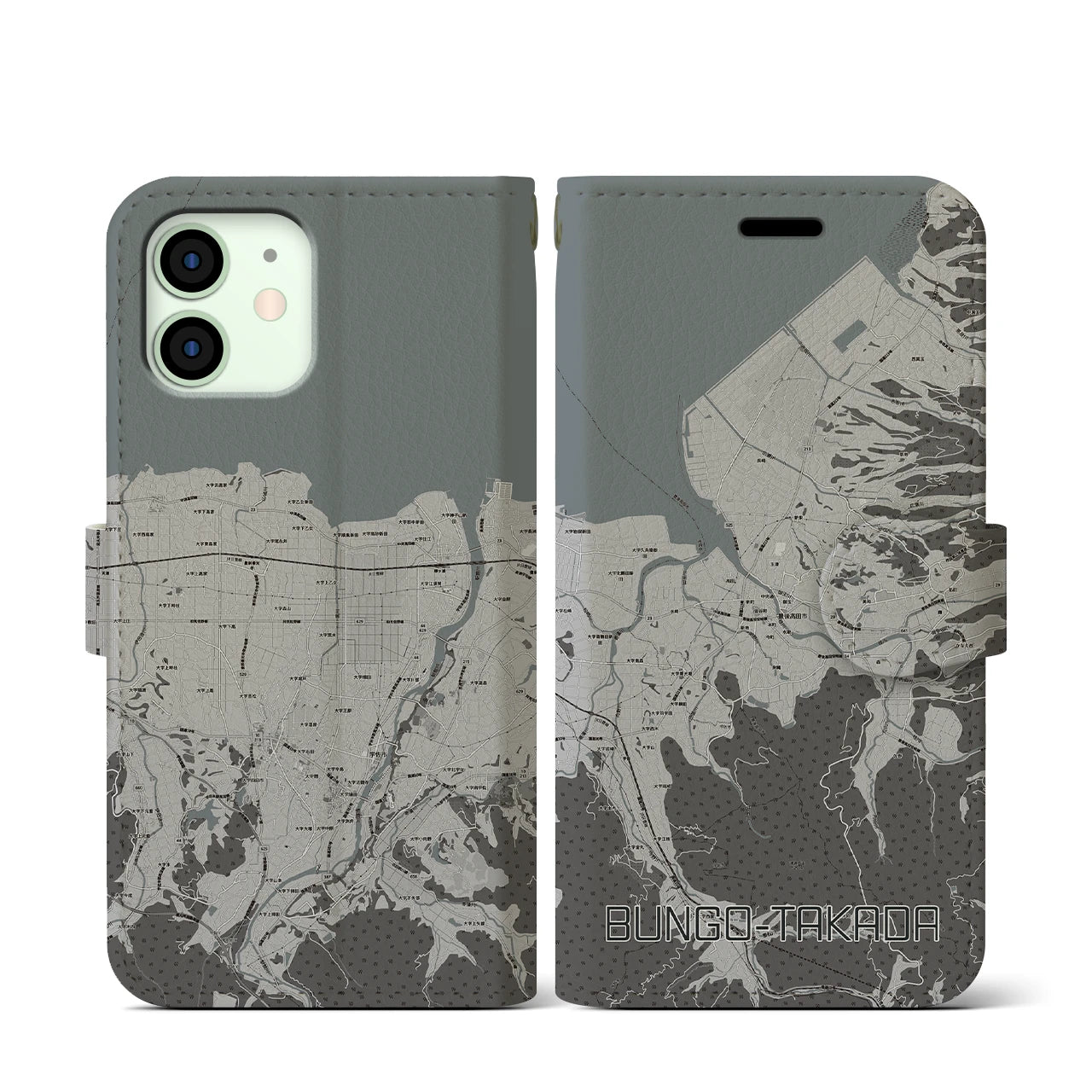 【豊後高田(大分県)】地図柄iPhoneケース(手帳タイプ)モノトーン・iPhone 12 mini 用