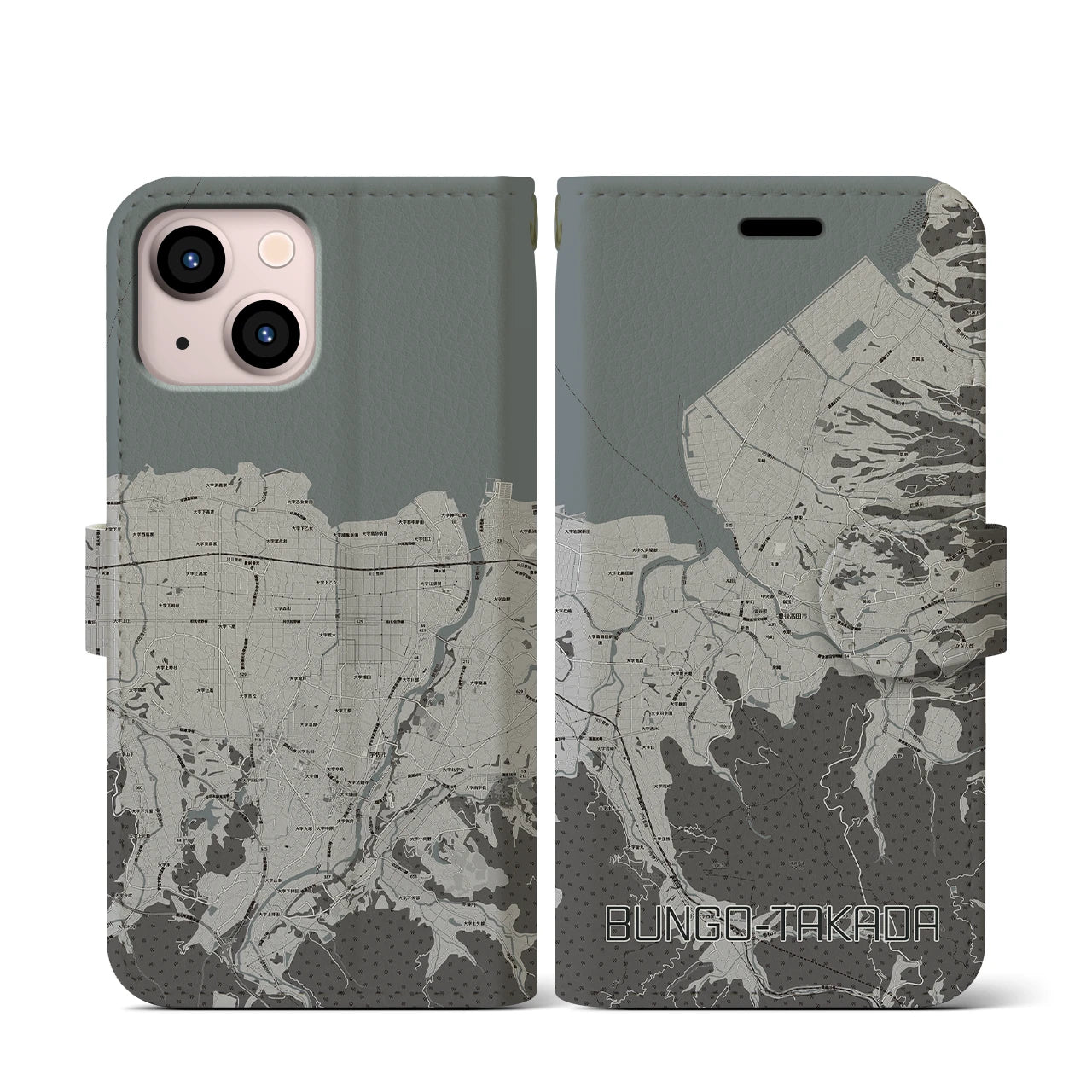 【豊後高田(大分県)】地図柄iPhoneケース(手帳タイプ)モノトーン・iPhone 13 mini 用