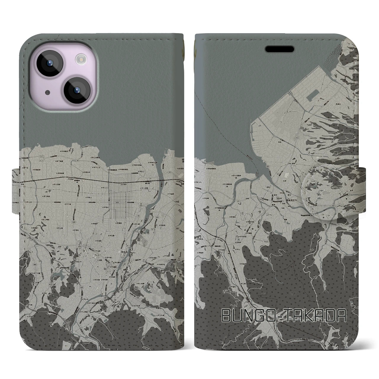 【豊後高田(大分県)】地図柄iPhoneケース(手帳タイプ)モノトーン・iPhone 14 用