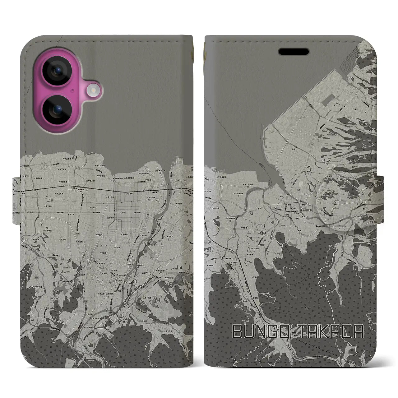 【豊後高田(大分県)】地図柄iPhoneケース(手帳タイプ)モノトーン・iPhone 16 Pro 用