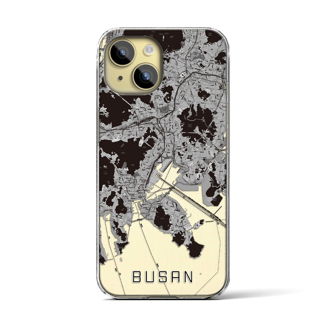 【釜山(韓国)】地図柄iPhoneケース(クリアタイプ)モノトーン・iPhone 15 用