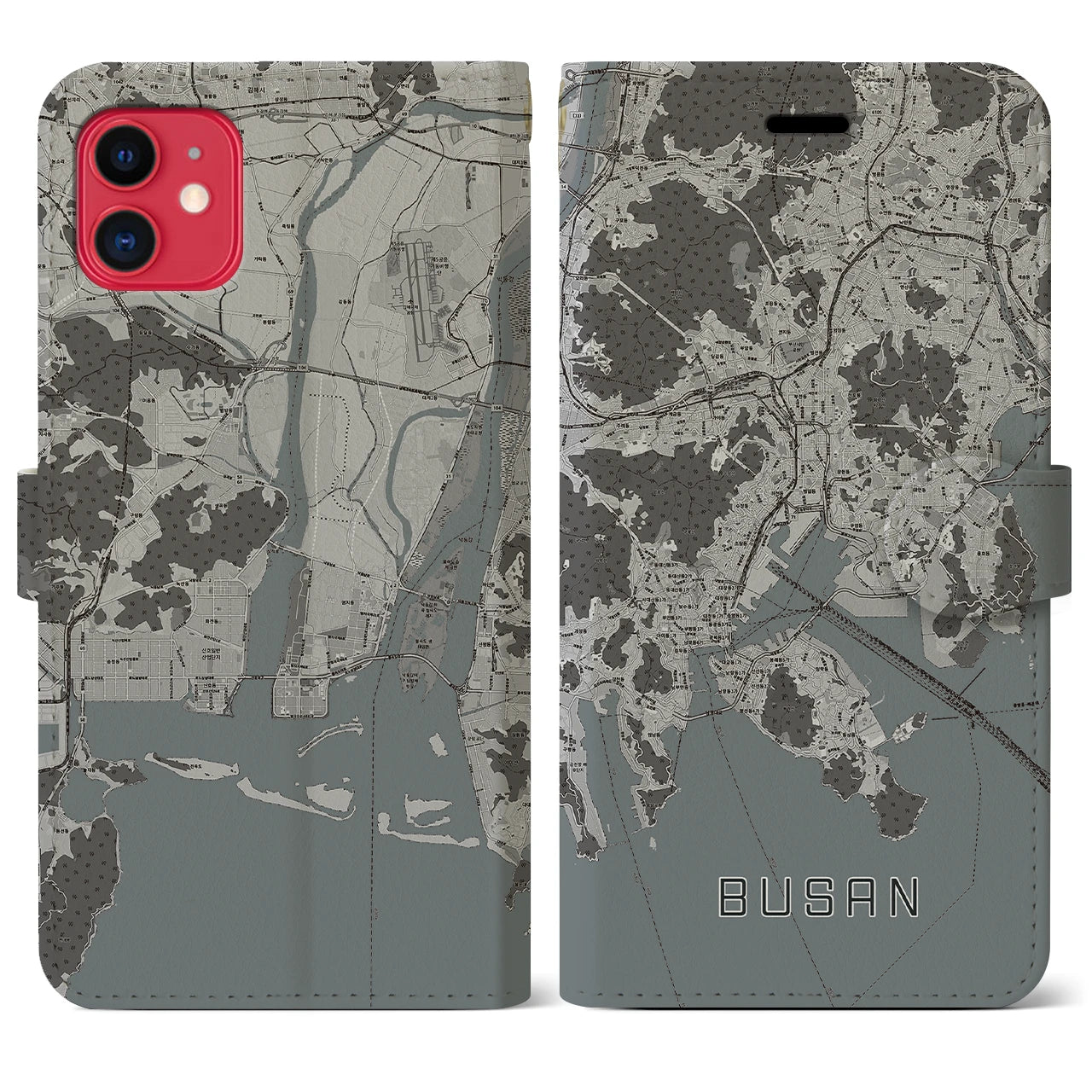 【釜山(韓国)】地図柄iPhoneケース(手帳タイプ)モノトーン・iPhone 11 用