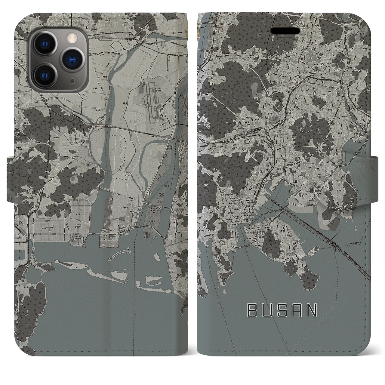 【釜山(韓国)】地図柄iPhoneケース(手帳タイプ)モノトーン・iPhone 11 Pro Max 用