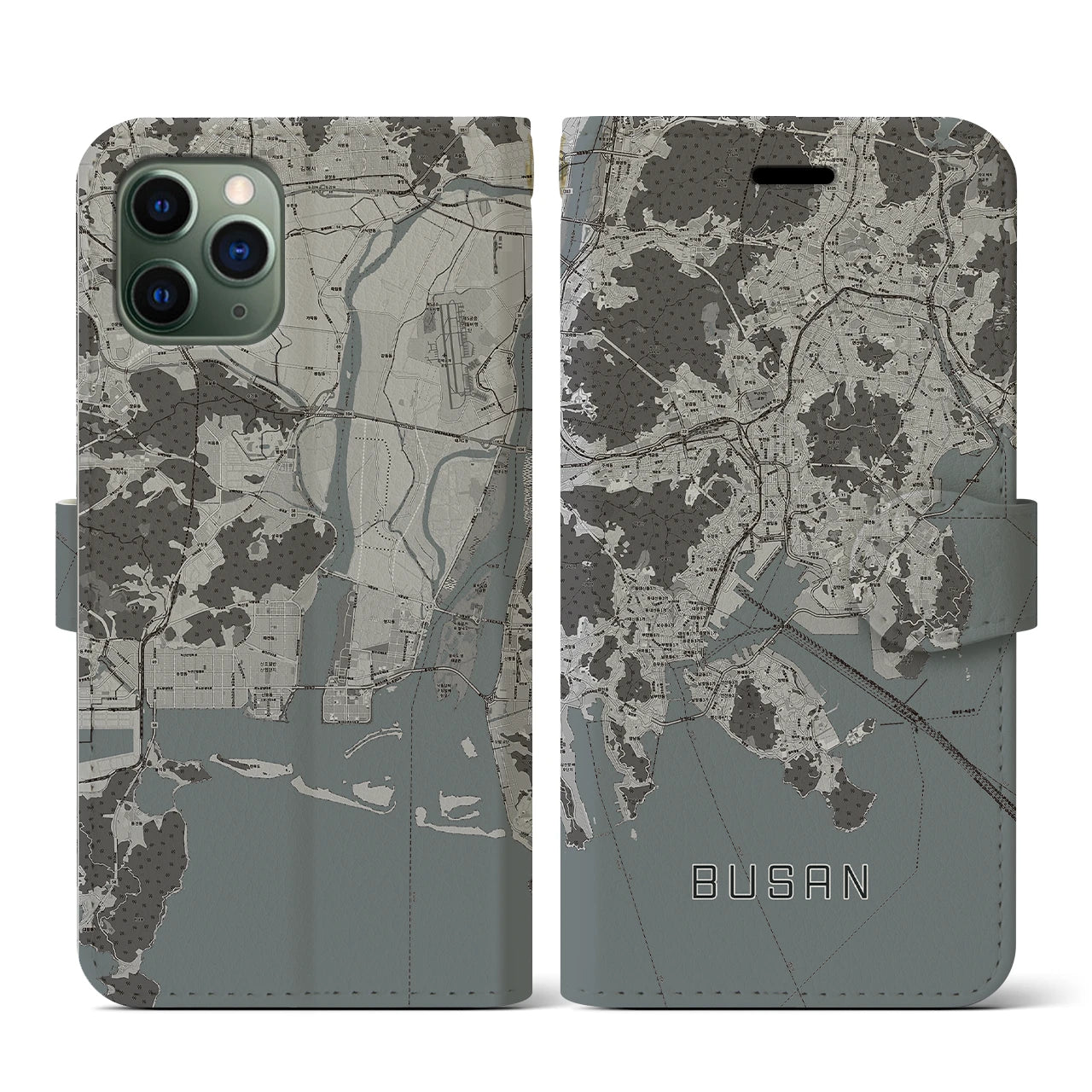 【釜山(韓国)】地図柄iPhoneケース(手帳タイプ)モノトーン・iPhone 11 Pro 用