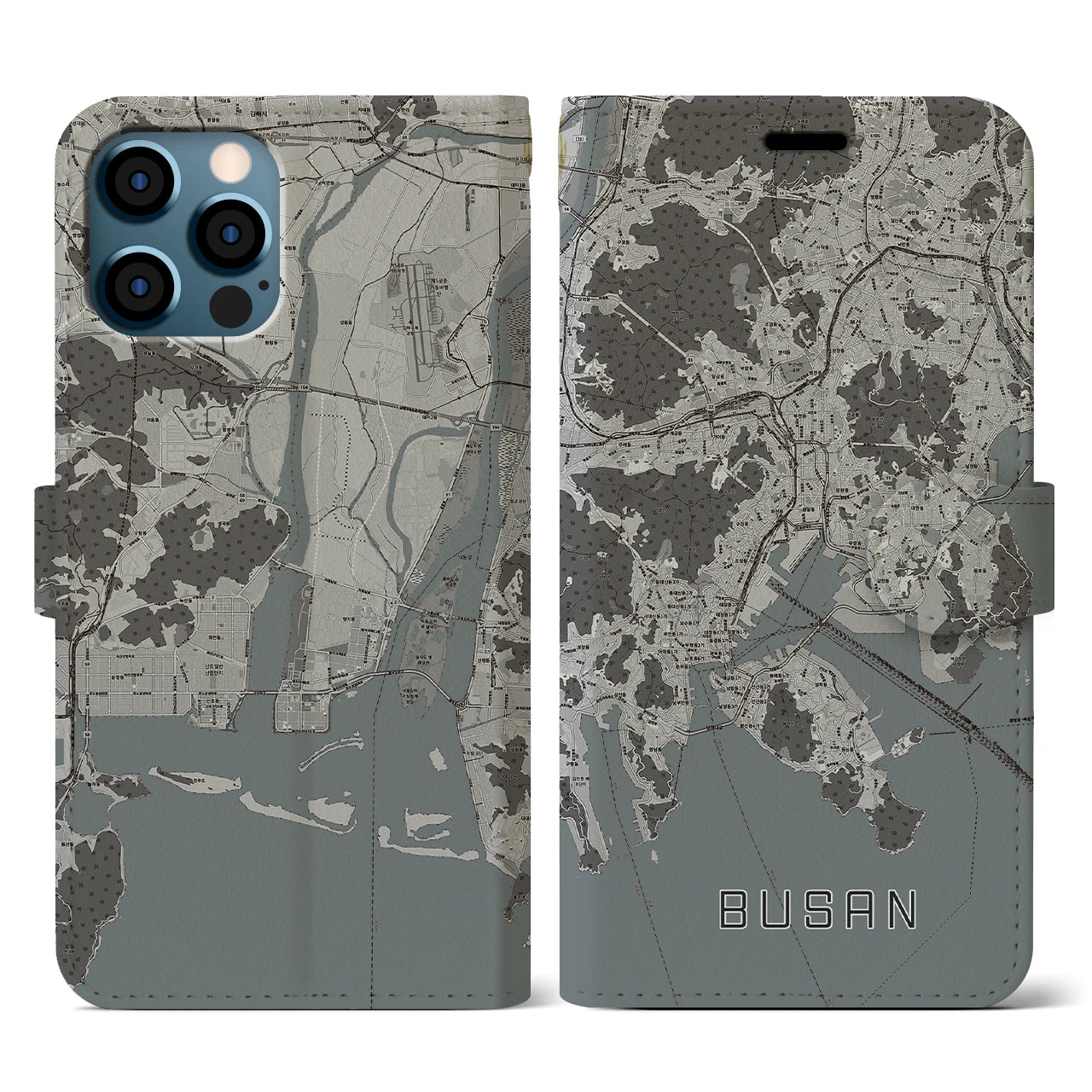 【釜山(韓国)】地図柄iPhoneケース(手帳タイプ)モノトーン・iPhone 12 / 12 Pro 用