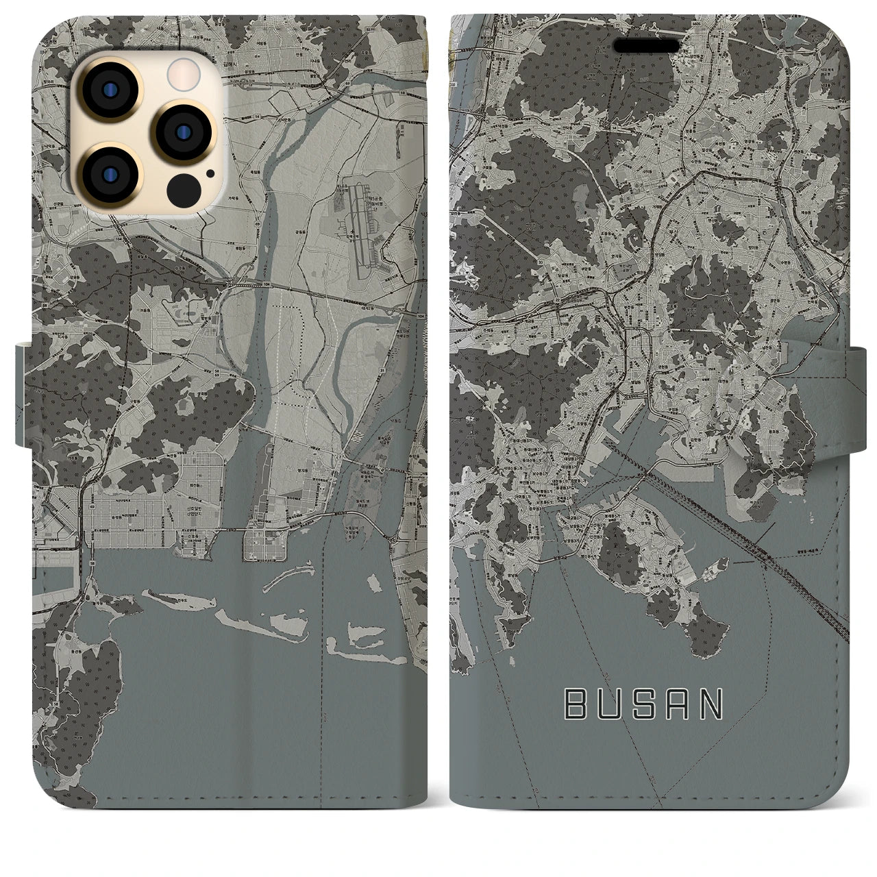 【釜山(韓国)】地図柄iPhoneケース(手帳タイプ)モノトーン・iPhone 12 Pro Max 用