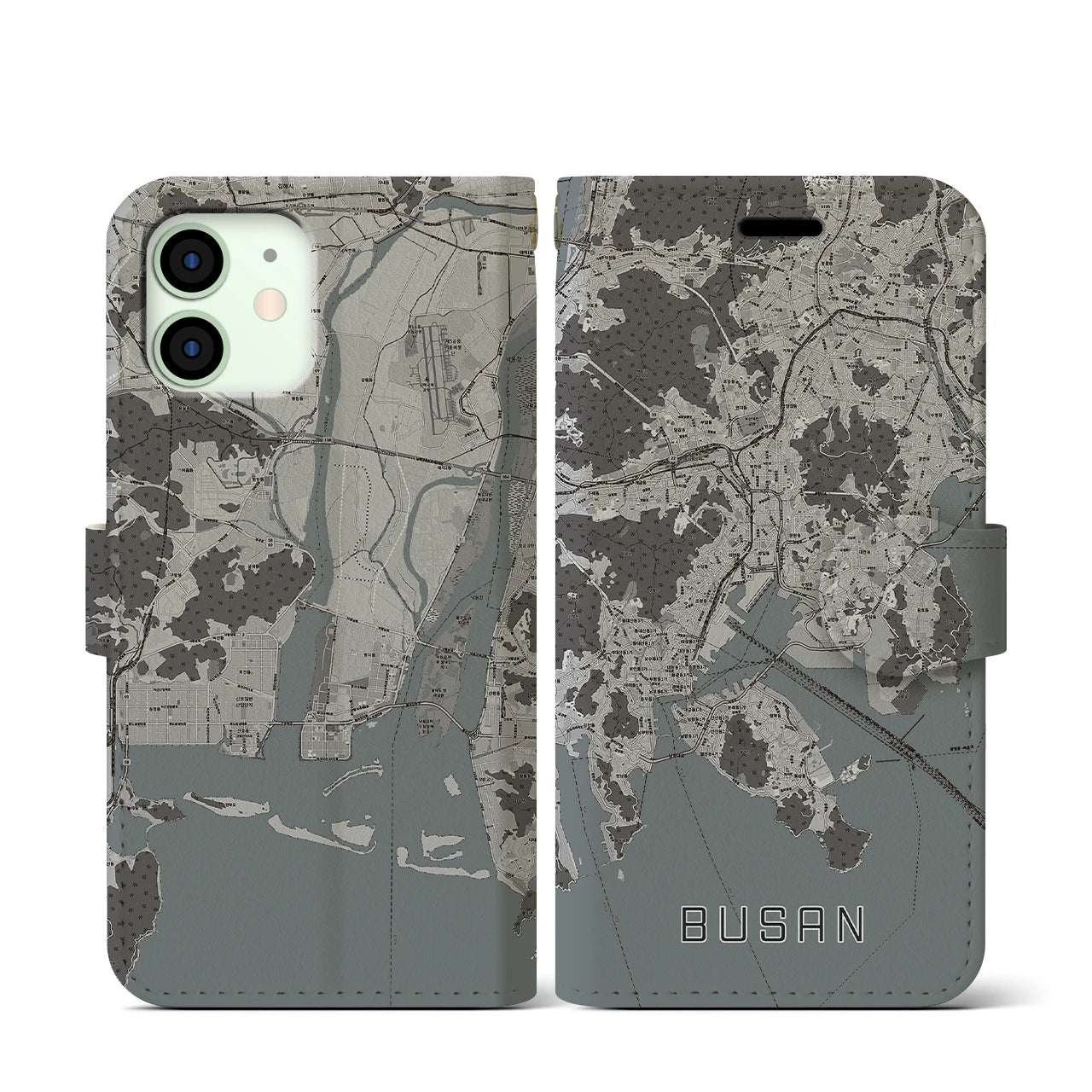【釜山(韓国)】地図柄iPhoneケース(手帳タイプ)モノトーン・iPhone 12 mini 用