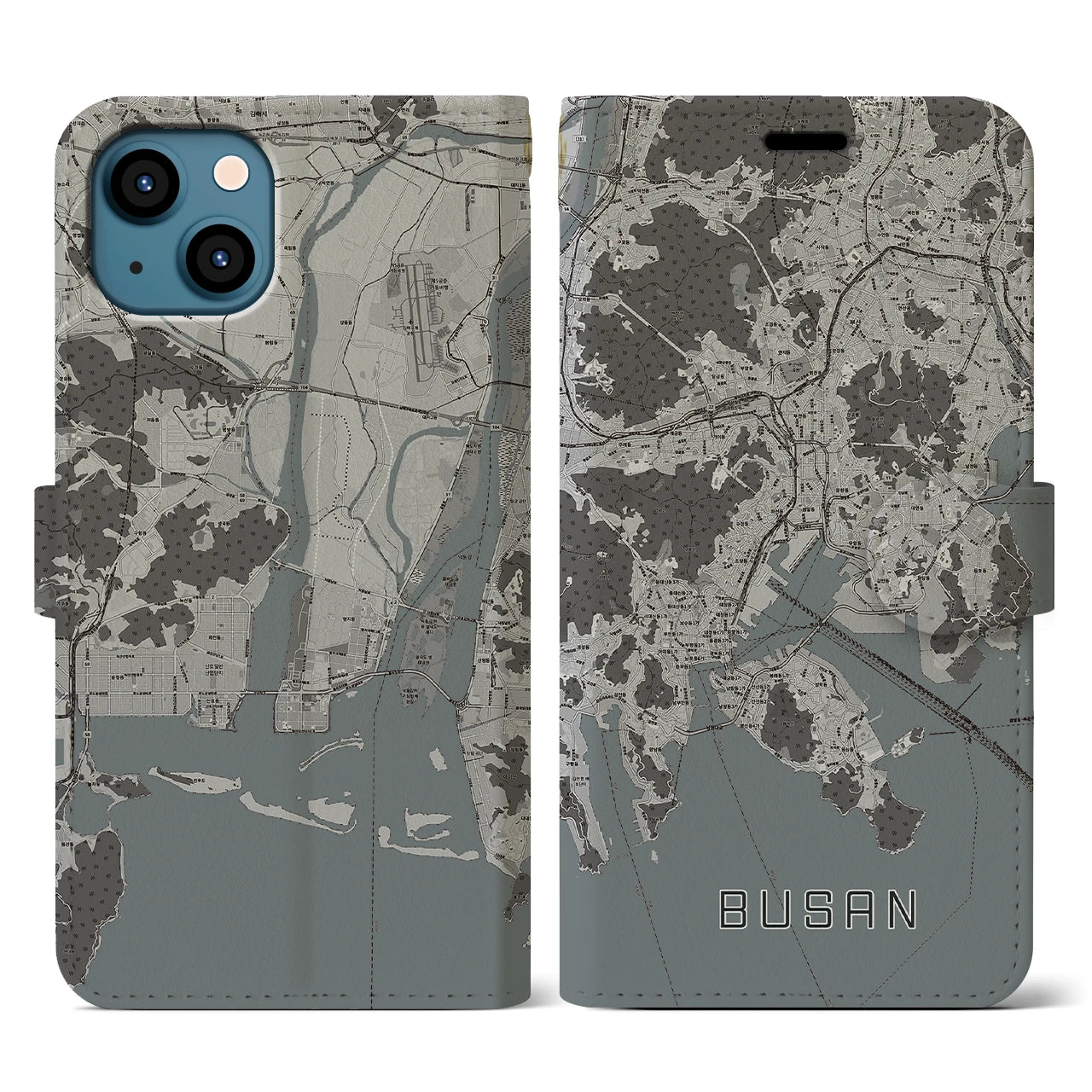 【釜山(韓国)】地図柄iPhoneケース(手帳タイプ)モノトーン・iPhone 13 用