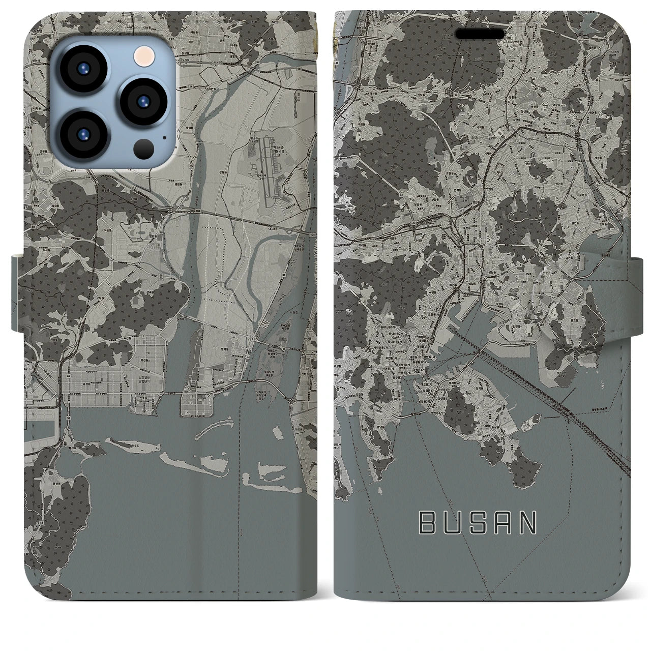 【釜山(韓国)】地図柄iPhoneケース(手帳タイプ)モノトーン・iPhone 13 Pro Max 用