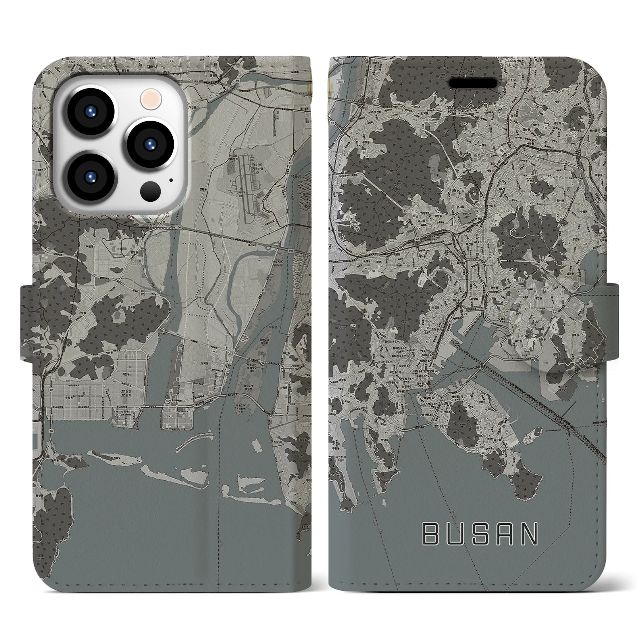 【釜山(韓国)】地図柄iPhoneケース(手帳タイプ)モノトーン・iPhone 13 Pro 用