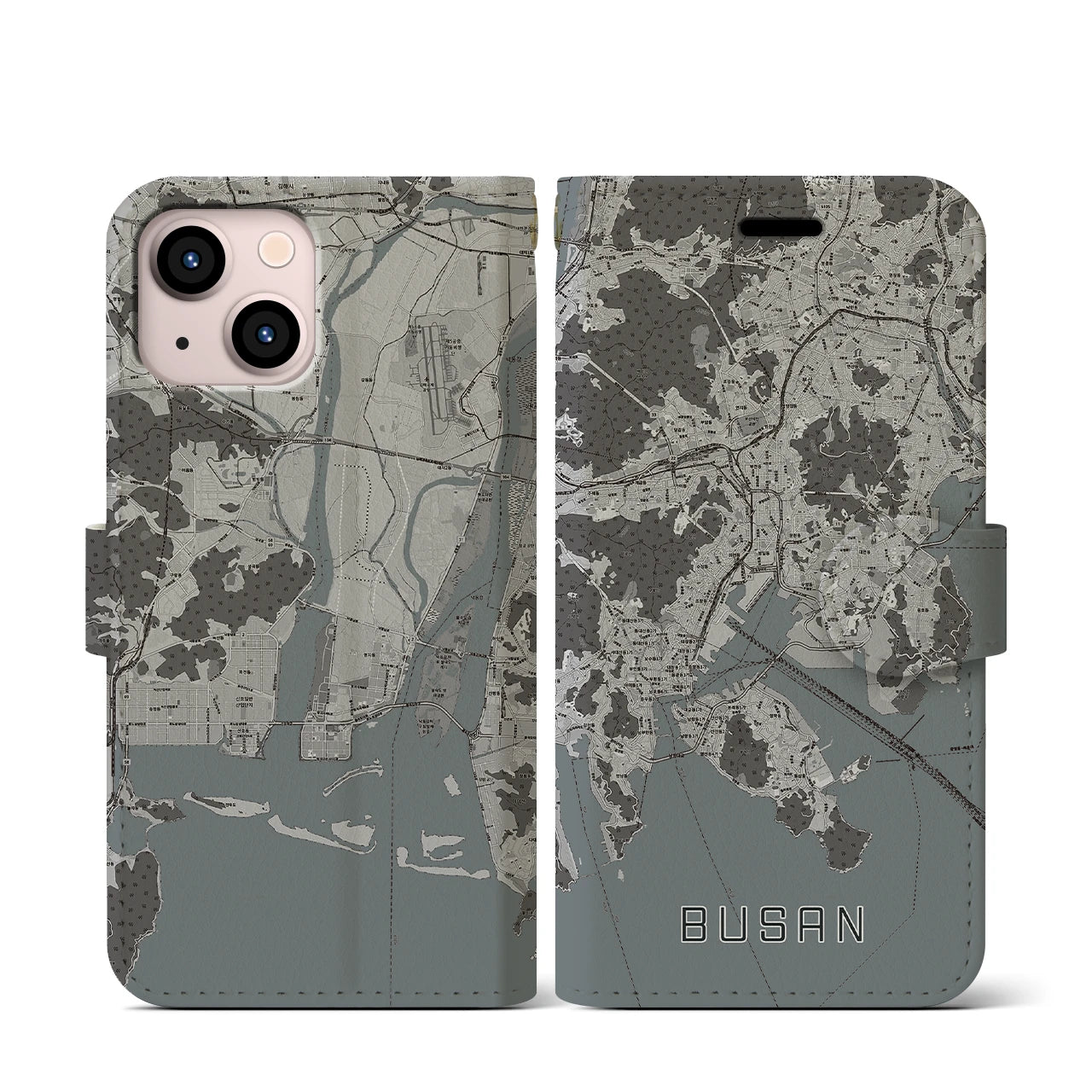 【釜山(韓国)】地図柄iPhoneケース(手帳タイプ)モノトーン・iPhone 13 mini 用